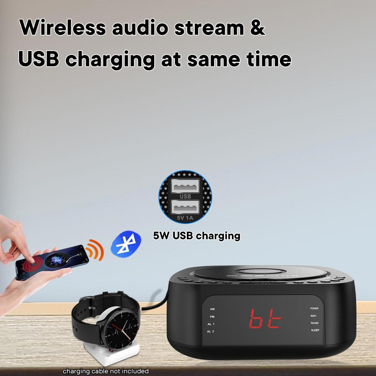 Schwarzes Radiowecker mit USB-Anschlüssen, eine Uhr auf einer Ladestation und ein Telefon mit Wireless-Symbol.