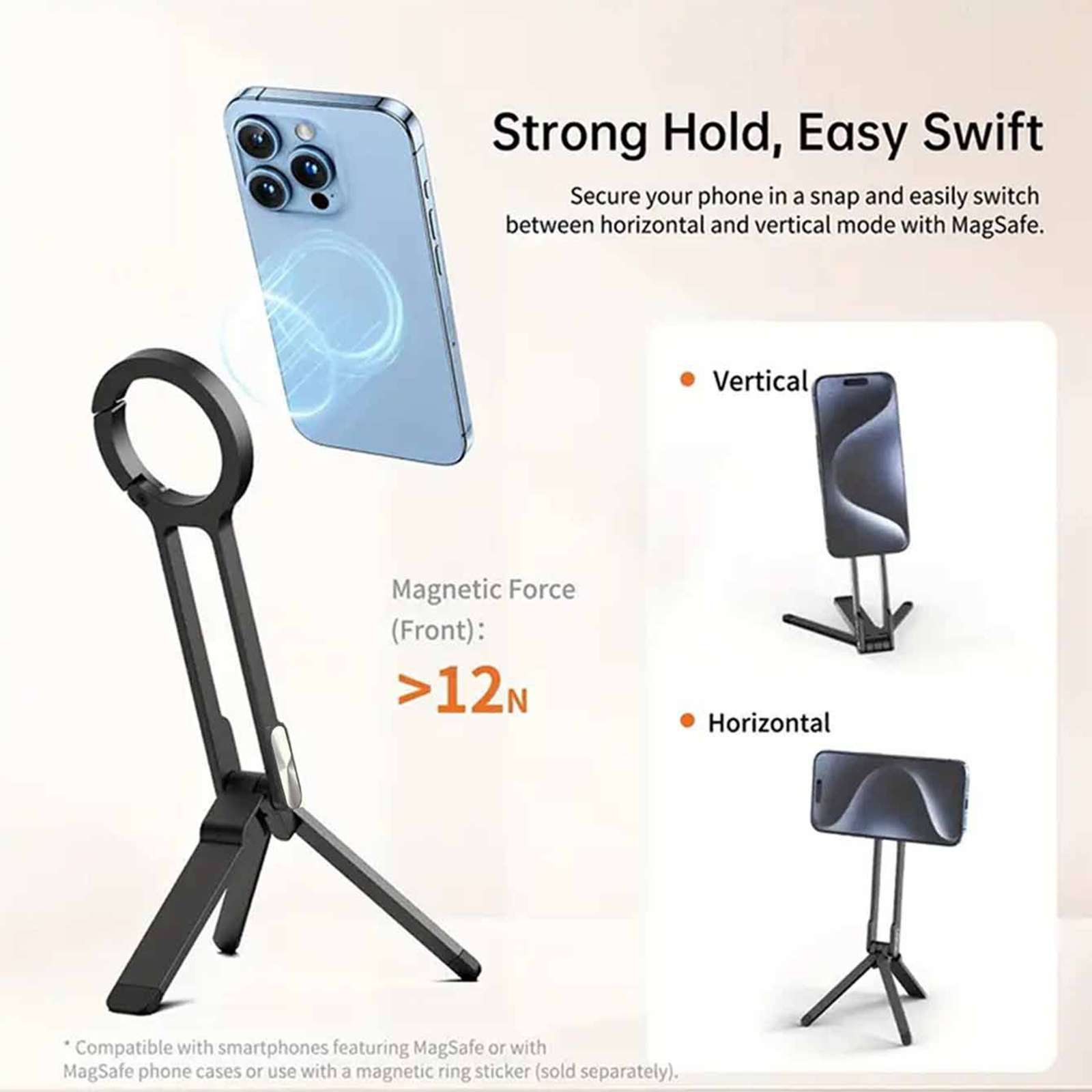 Ein Telefon und ein Ständer werden gezeigt. Der Ständer ist schwarz. Das Telefon ist blau. Der Text lautet: Strong Hold, Easy Swift.