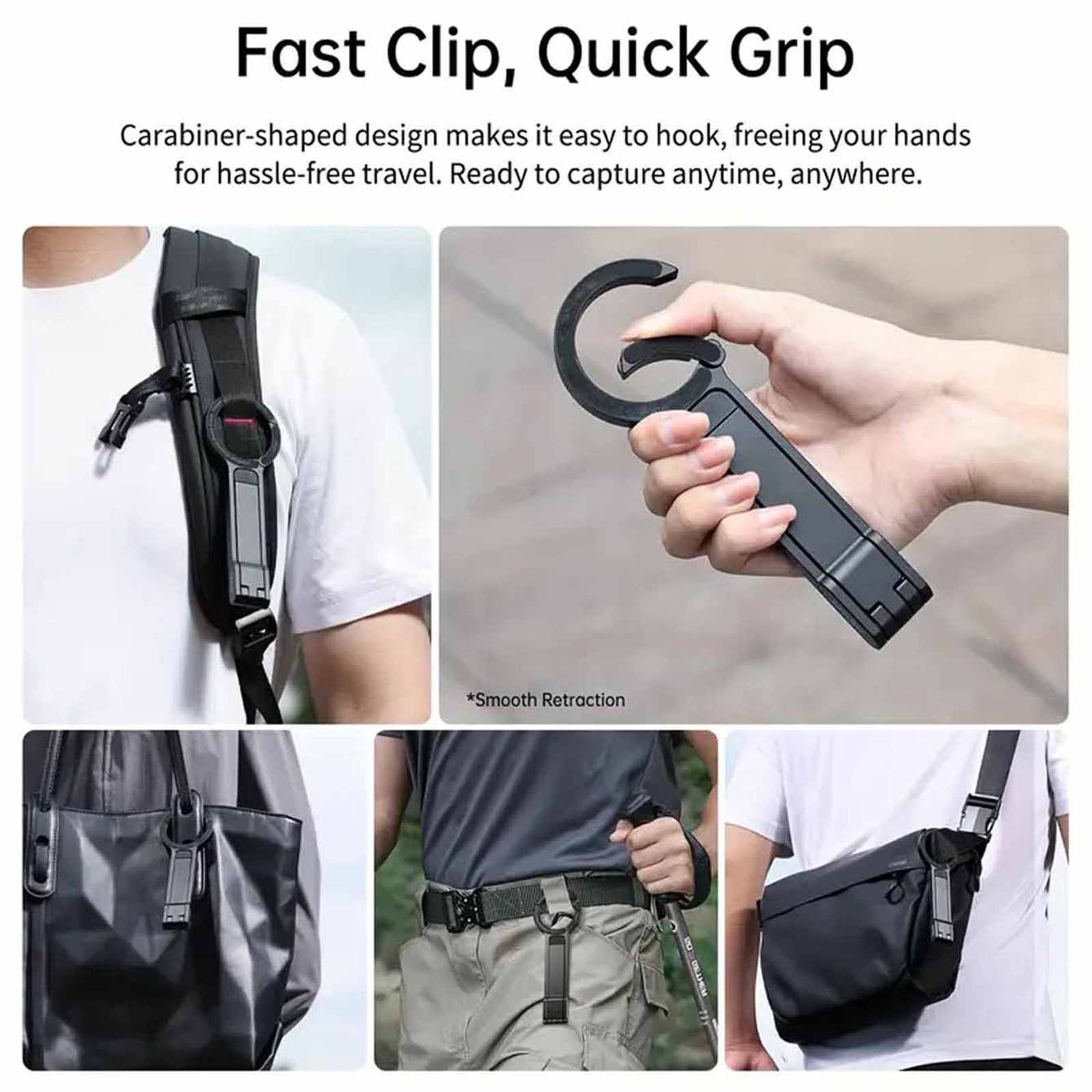 Das Bild zeigt einen schwarzen Clip, der an Taschen und Riemen befestigt ist. Der Clip wird von einer Hand gehalten.