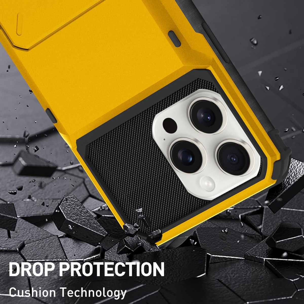 Gelbe Handyhülle mit schwarzen Akzenten. Die Kamera des Telefons ist sichtbar. 'Drop Protection' und 'Cushion Technology' Text unten.