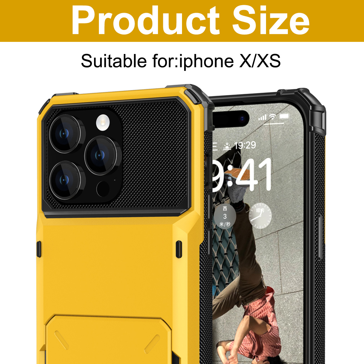 Gelbe Handyhülle mit schwarzen Akzenten und drei Kameralinsen. Ein iPhone-Bildschirm zeigt die Uhrzeit. Der Text oben lautet Produktgröße.