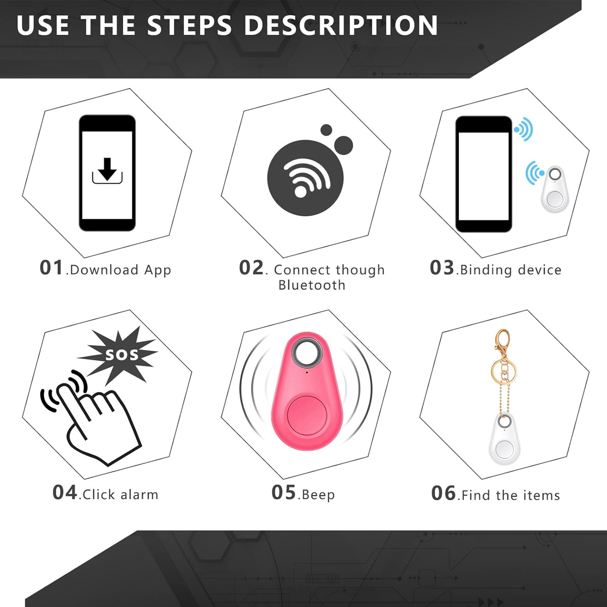 Anweisungen zur Verwendung eines Geräts: App herunterladen, Bluetooth verbinden, Gerät binden, Alarm klicken, piepen und Artikel finden.