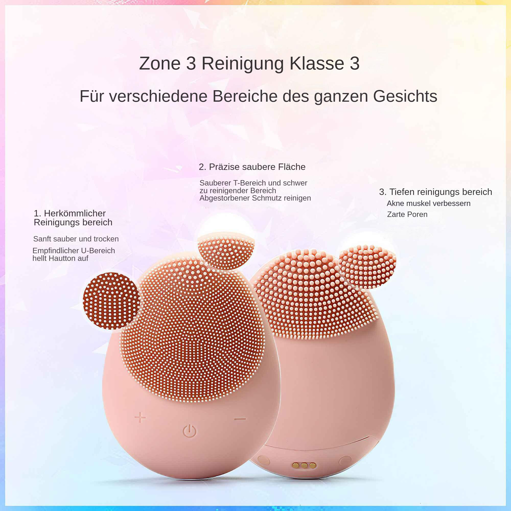 Rosa Gesichtsreinigungsgerät mit braunen Borsten. Deutscher Text beschreibt Gesichts-Zonen und Reinigungsfunktionen.