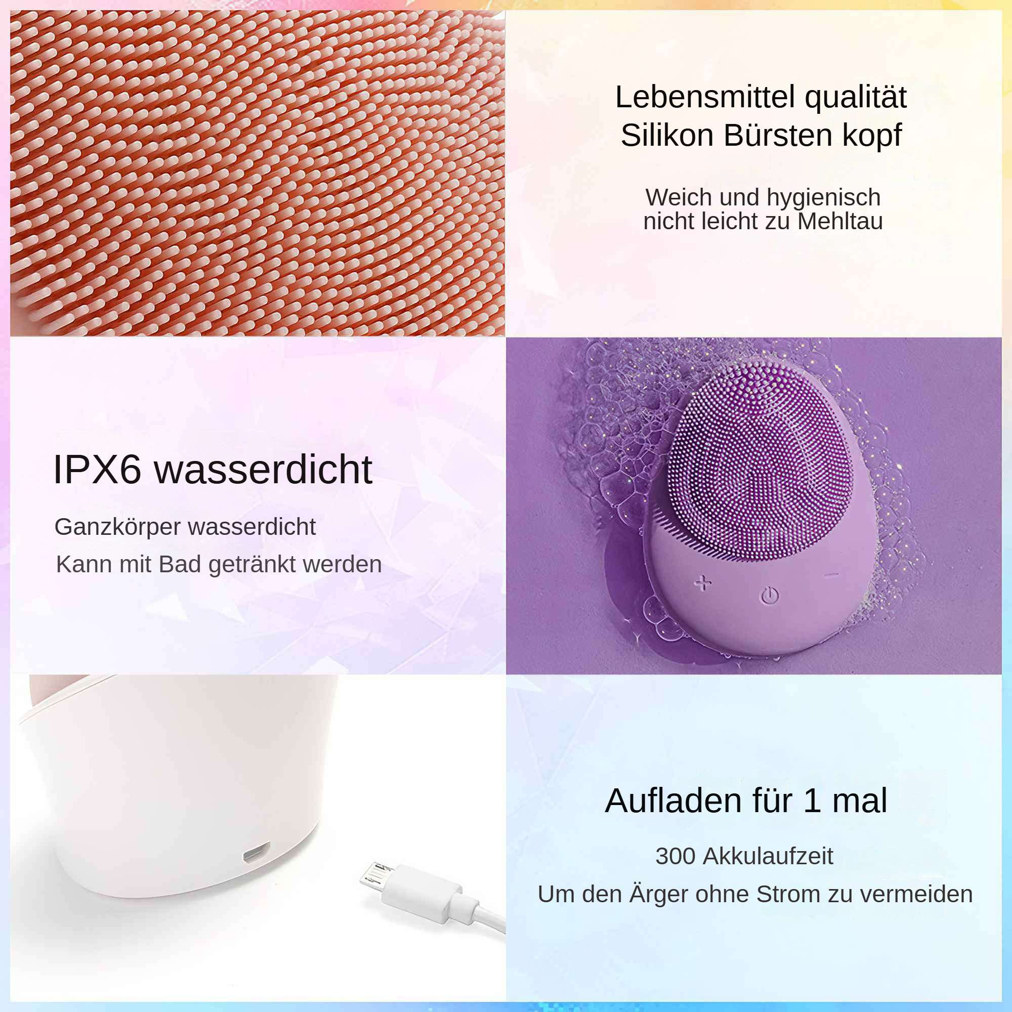 Ein Gesichtreinigungsgerät mit lila Bürstenkopf und weißem Körper, mit Text auf Deutsch über die Eigenschaften des Produkts.