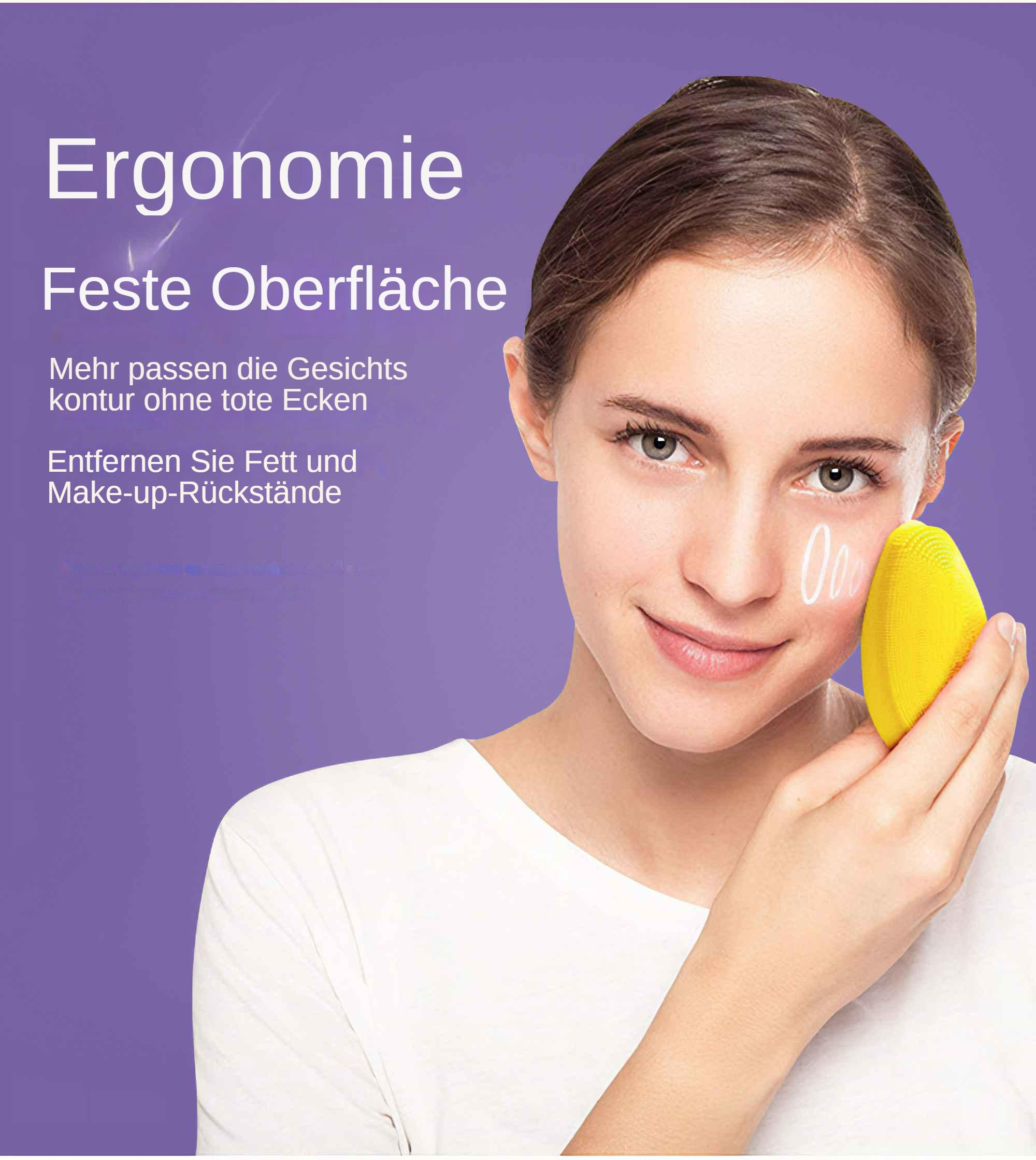 Eine Frau hält einen gelben Gesichtsreiniger. Der Hintergrund ist lila. Auch Text auf Deutsch ist sichtbar.