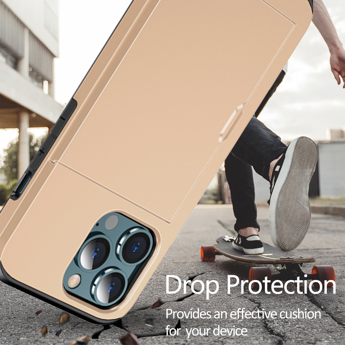 Eine Handyhülle ist auf einem rissigen Bürgersteig abgewinkelt. Im Hintergrund ist eine Person auf einem Skateboard. Text lautet 'Drop Protection'.