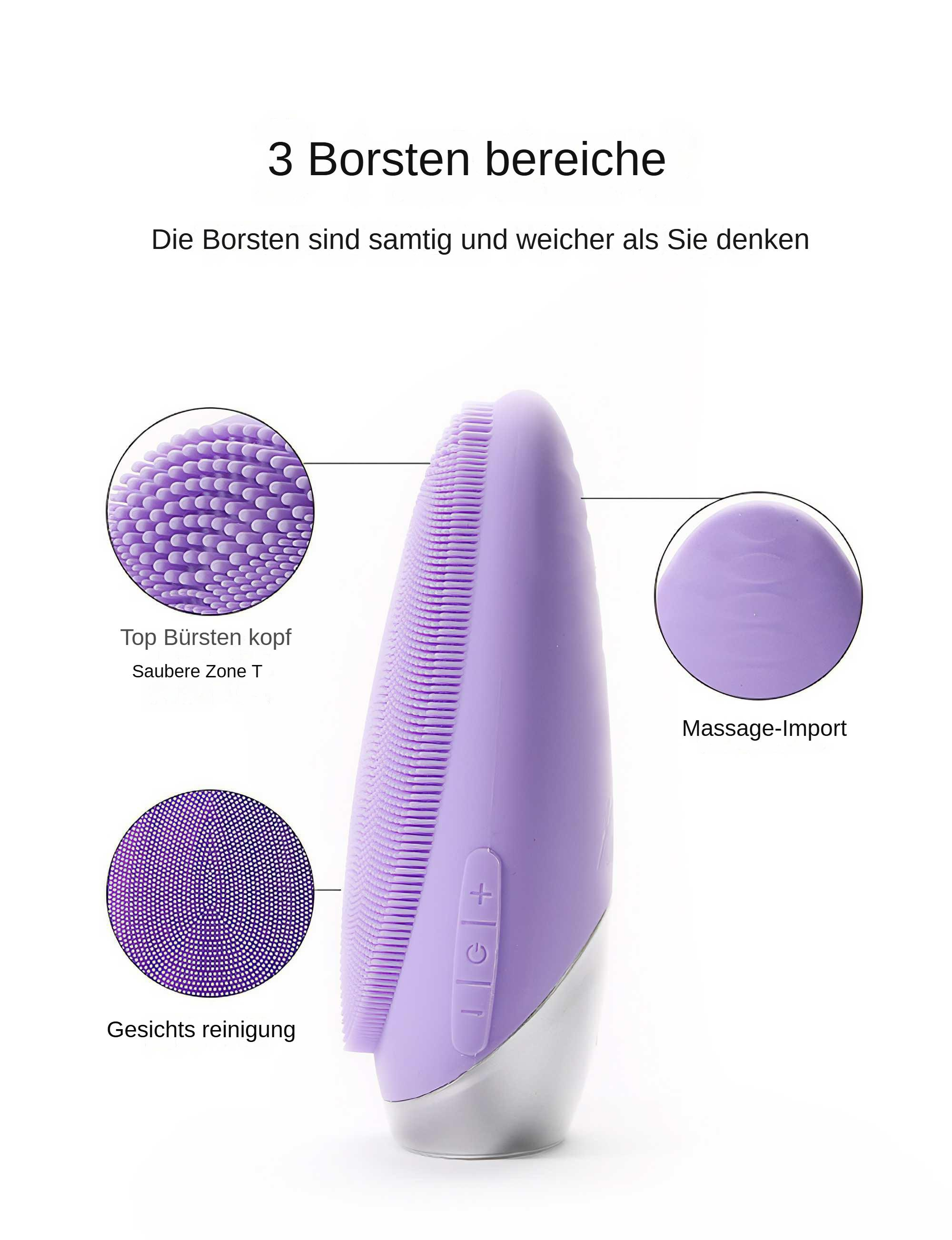 Eine lila Gesichtsreinigungsbürste mit drei verschiedenen Bürstenbereichen. Enthält Massage- und Reinigungsfunktionen.