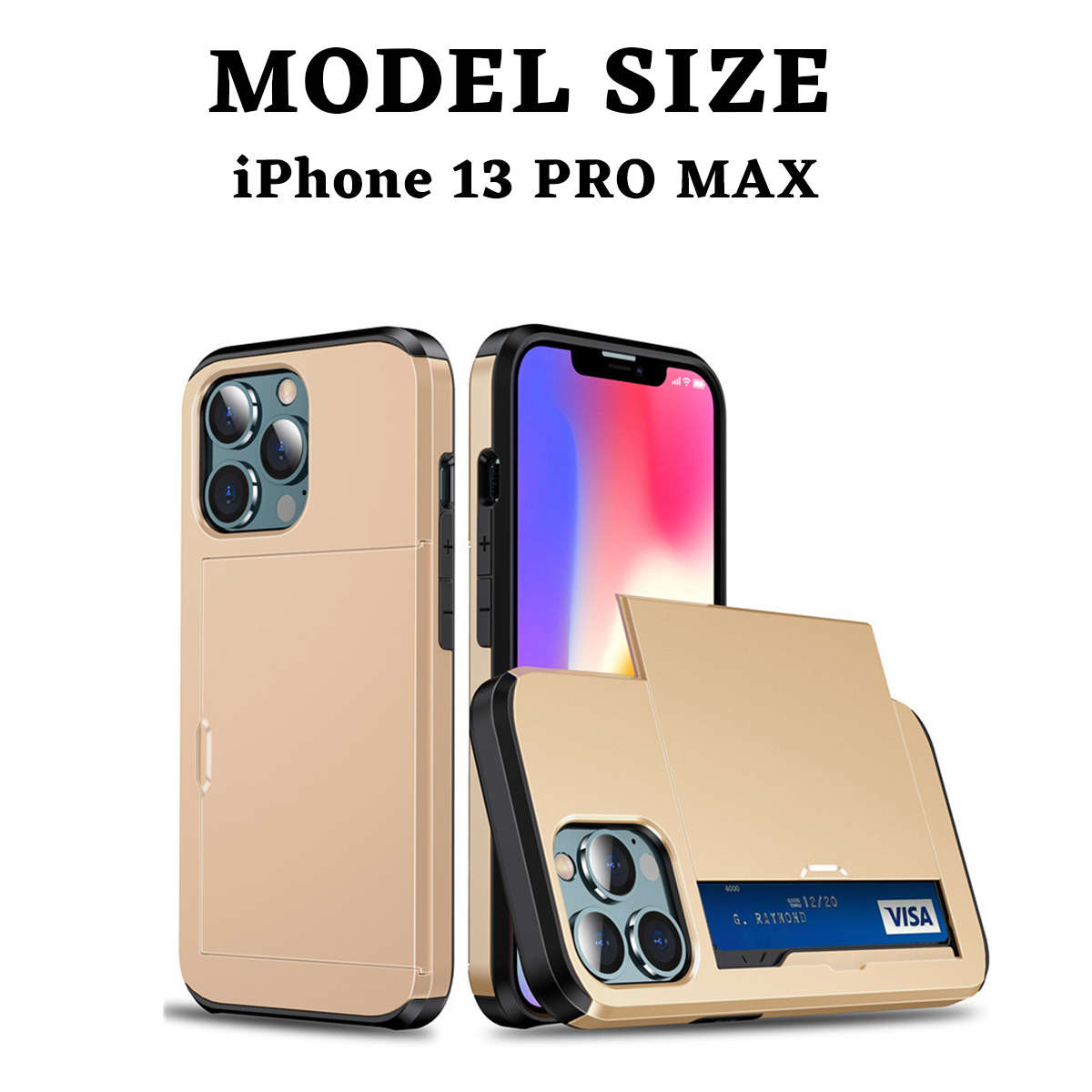 Das Bild zeigt ein iPhone 13 Pro Max mit einer goldenen Handyhülle. Die Hülle hat einen Kartenhalter. Eine Visa-Karte ist sichtbar.