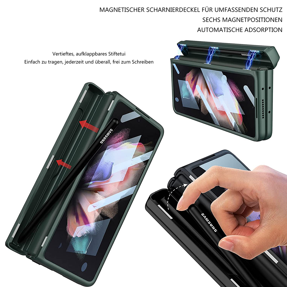 Gezeigte Handyhülle mit Stift. Die Hülle ist grün und schwarz. Eine Hand entfernt einen Stift. Text auf Deutsch ist ebenfalls sichtbar.