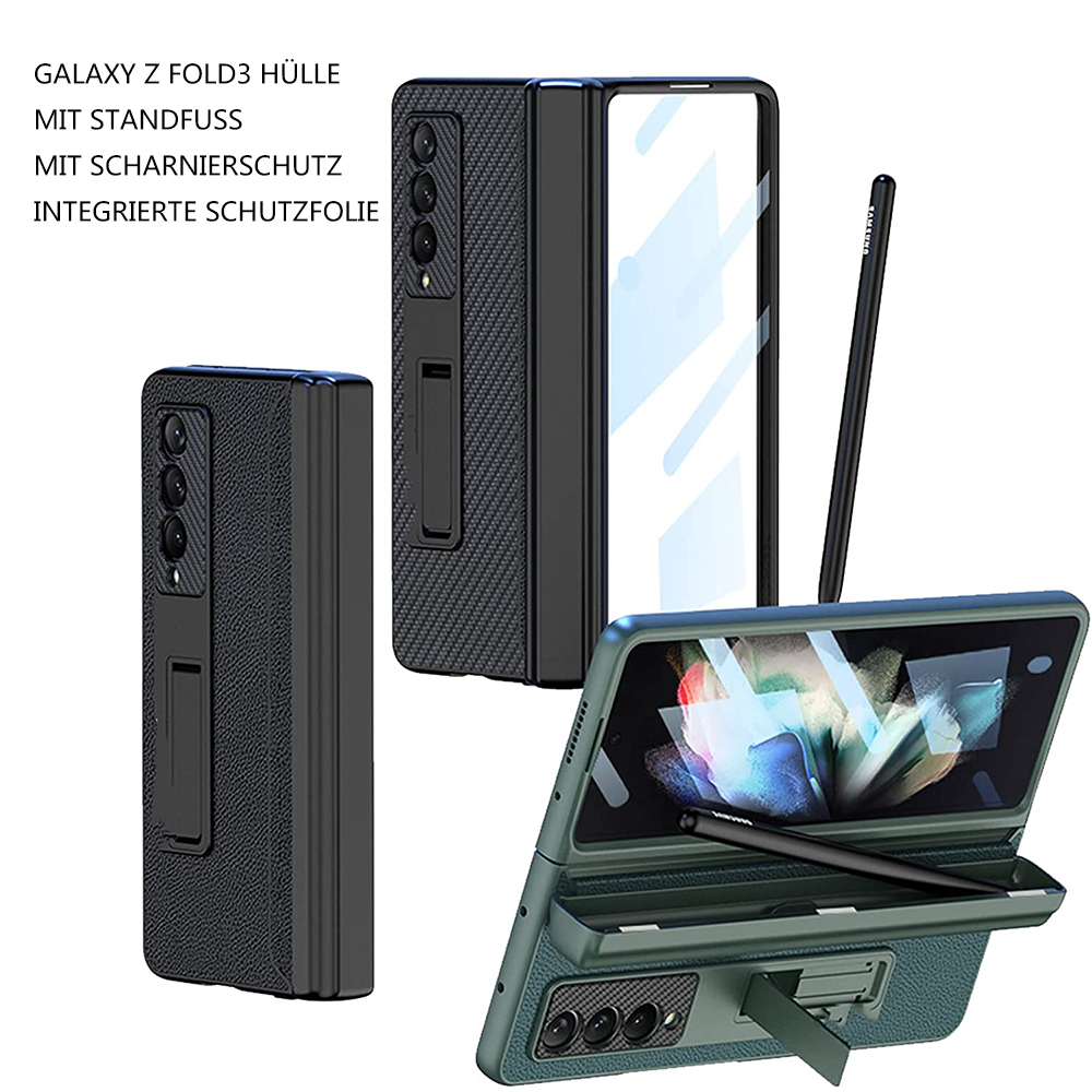 Das Bild zeigt eine faltbare Handyhülle mit Ständer und Stift. Die Hülle ist schwarz und grün. Das Telefon ist offen und geschlossen.