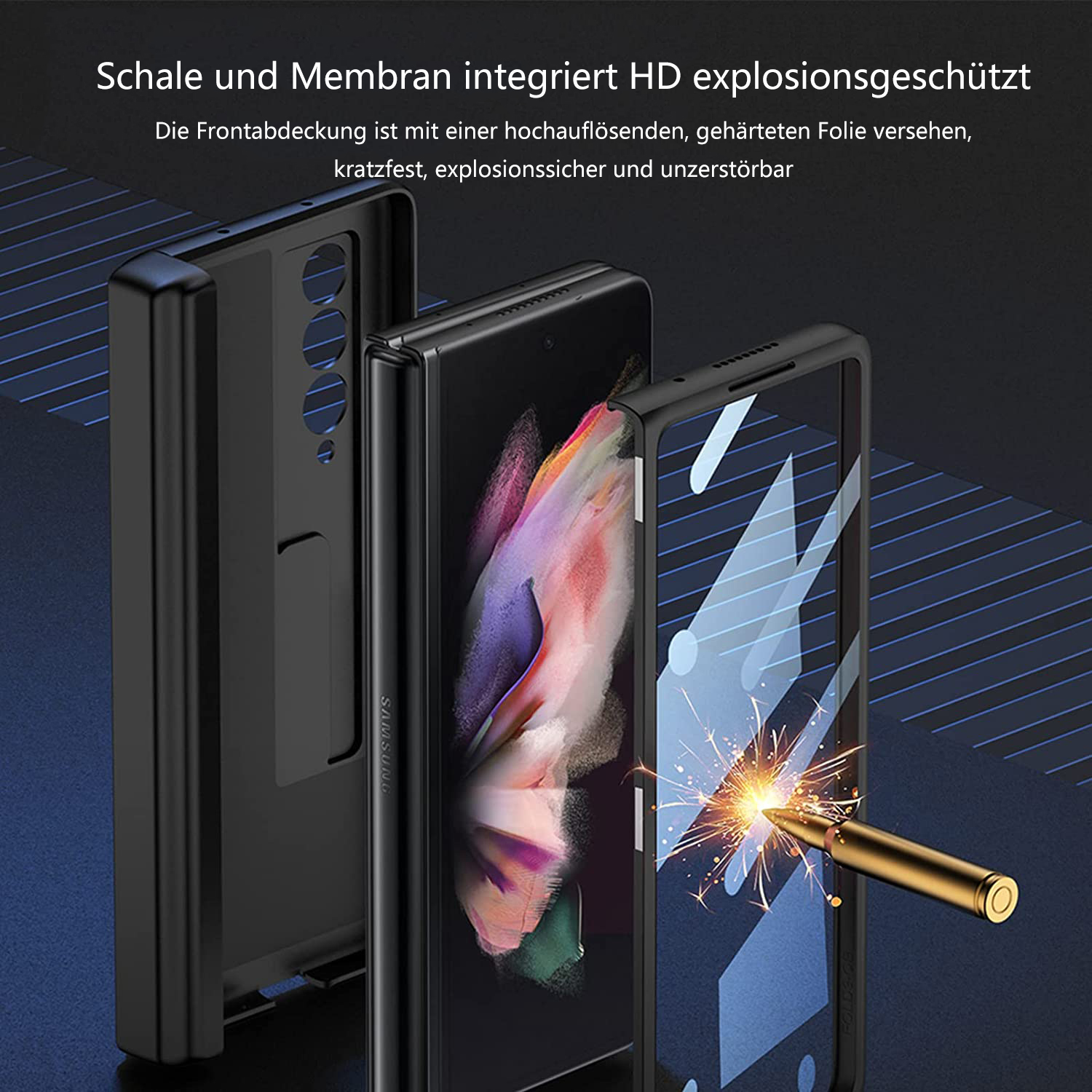 Drei schwarze Smartphones mit Schutzhüllen. Ein goldenes Objekt funkt in der Nähe des Bildschirms. Text auf Deutsch oben.