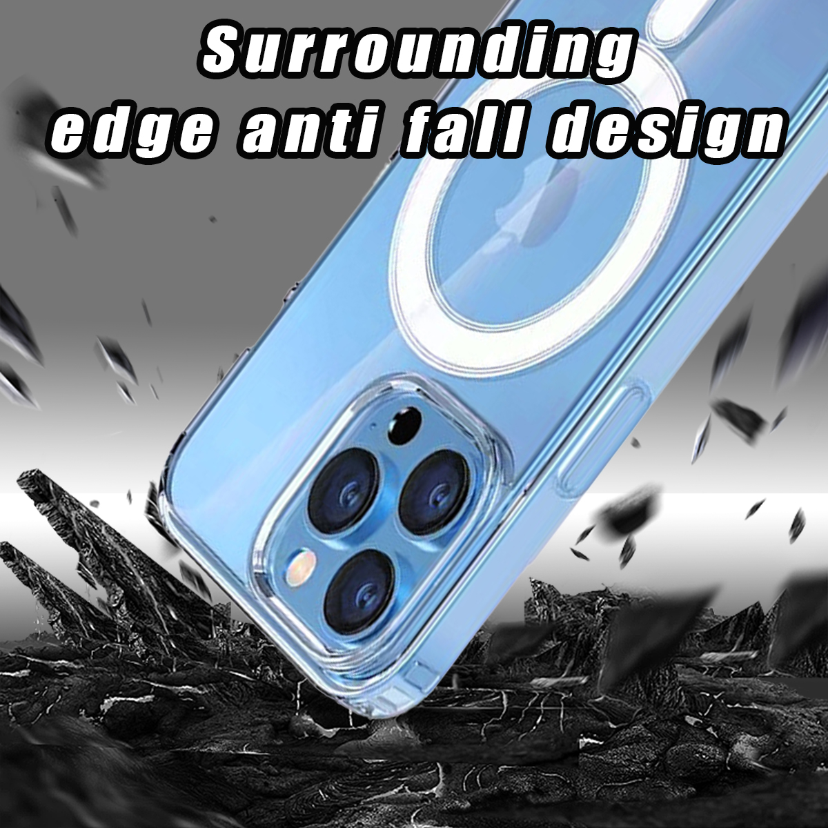 Eine Handyhülle wird gezeigt, mit den Worten 'umgebendes Kanten-Anti-Fall-Design'. Es wird gezeigt, wie es mit Trümmern fällt.
