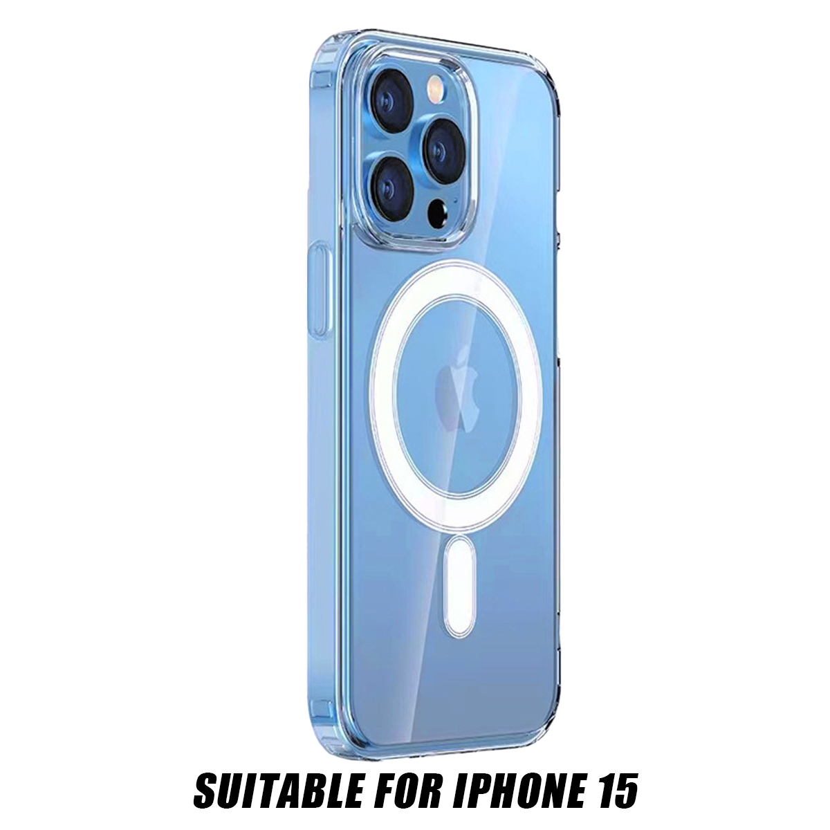 Eine transparente iPhone 15-Hülle. Sie hat einen Blaustich, einen weißen MagSafe-Ring und ein weißes Rechteck. Der Text lautet: 'GEEIGNET FÜR IPHONE 15'.