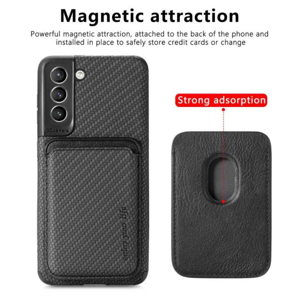 Das Bild zeigt eine Handyhülle mit Kartenhalter und separatem Kartenhalter. Text: Magnetische Anziehungskraft.