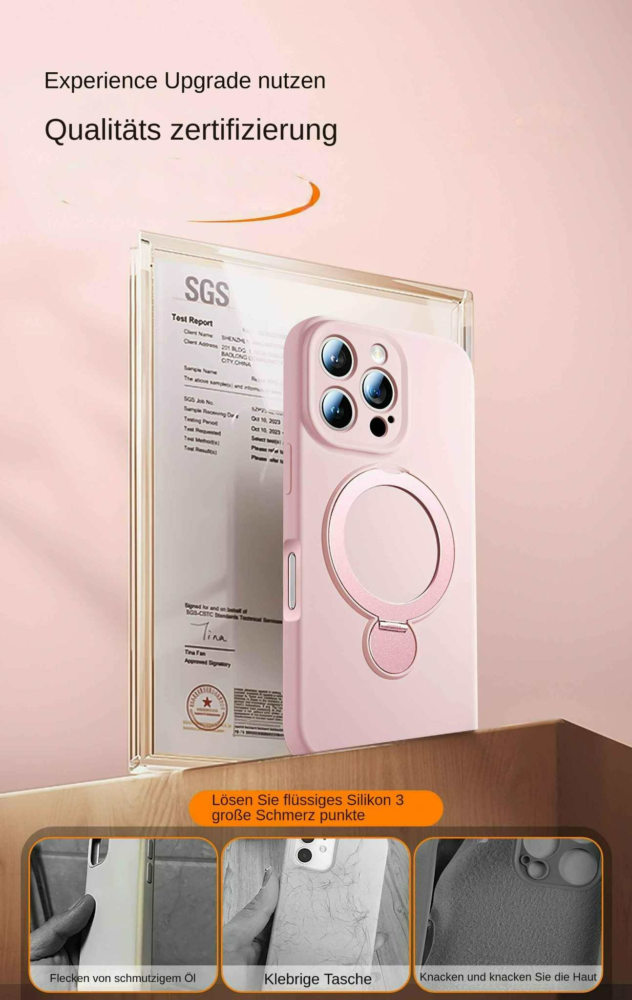 Eine rosa Handyhülle mit einem Ringhalter, über einem Testbericht. Text sagt 'Experience Upgrade' und 'Qualitäts zertifizierung'.