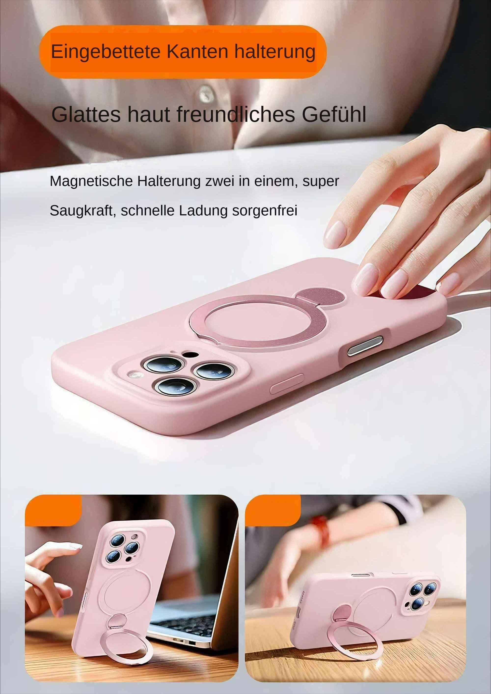 Eine rosa Handyhülle mit Ringhalter. Eine Hand hält die Hülle.