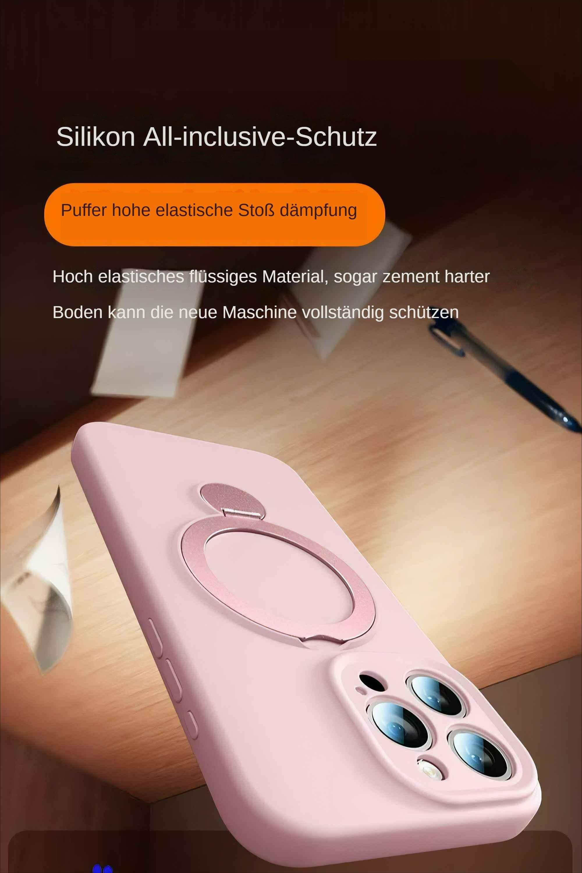 Eine rosa Handyhülle mit Ringhalter. Die Hülle liegt auf einer Holzoberfläche. Text auf Deutsch steht oben.