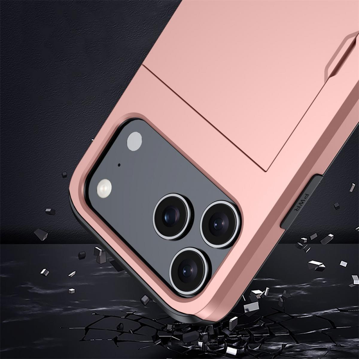 Eine roségoldene Handyhülle mit Kameralinsen auf dunkler, strukturierter Oberfläche. Ein Power-Knopf ist sichtbar. Zersplitterungseffekt.