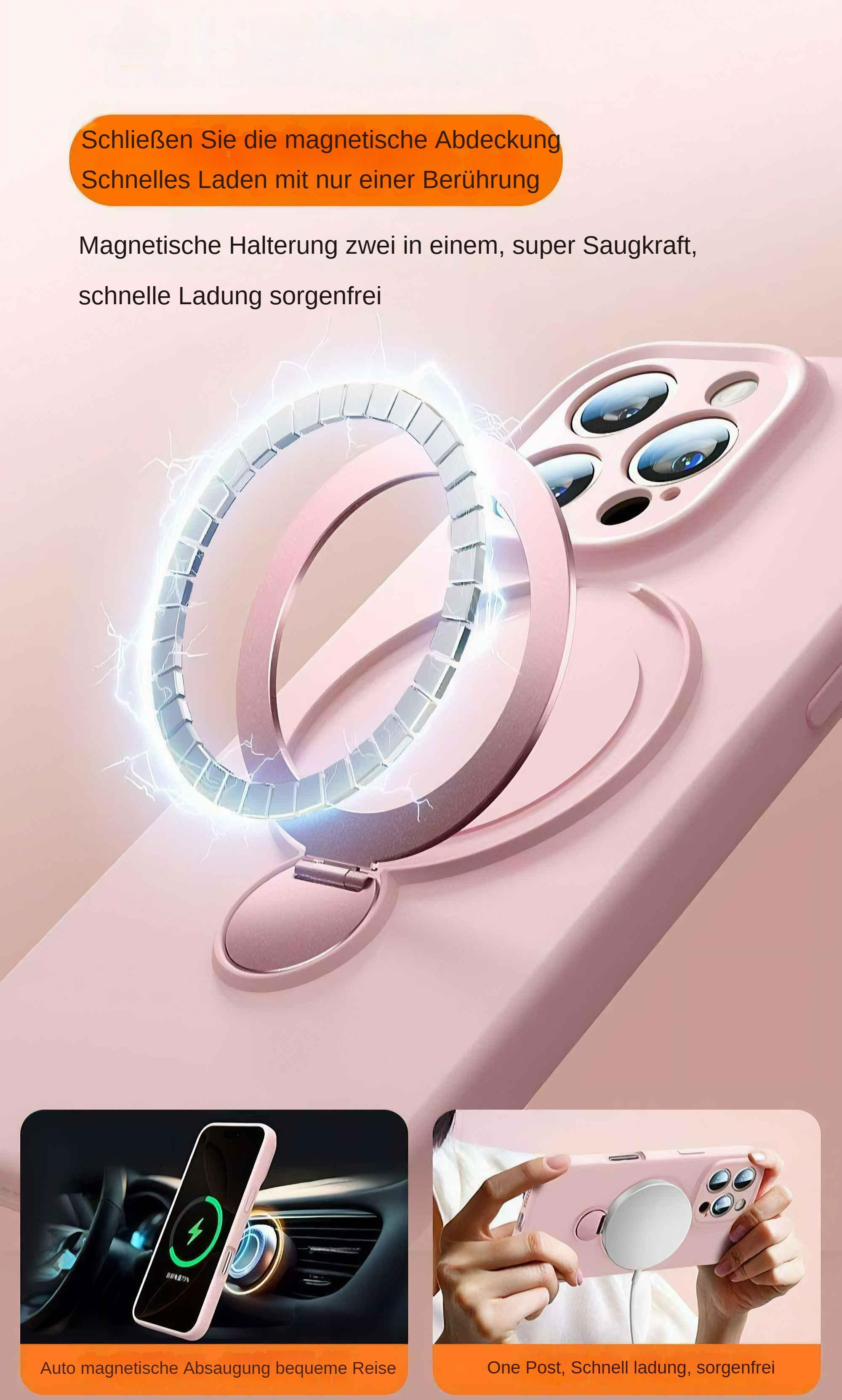 Rosa Handyhülle mit Magnetring, lädt ein Telefon. Text: Schnelles Laden, Magnethalterung und bequemes Reisen.