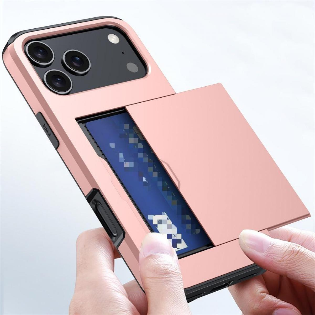 Eine roségoldene Handyhülle mit Kreditkartenfach wird gehalten. Das Telefon hat drei Kameras. Eine Hand öffnet den Schlitz.