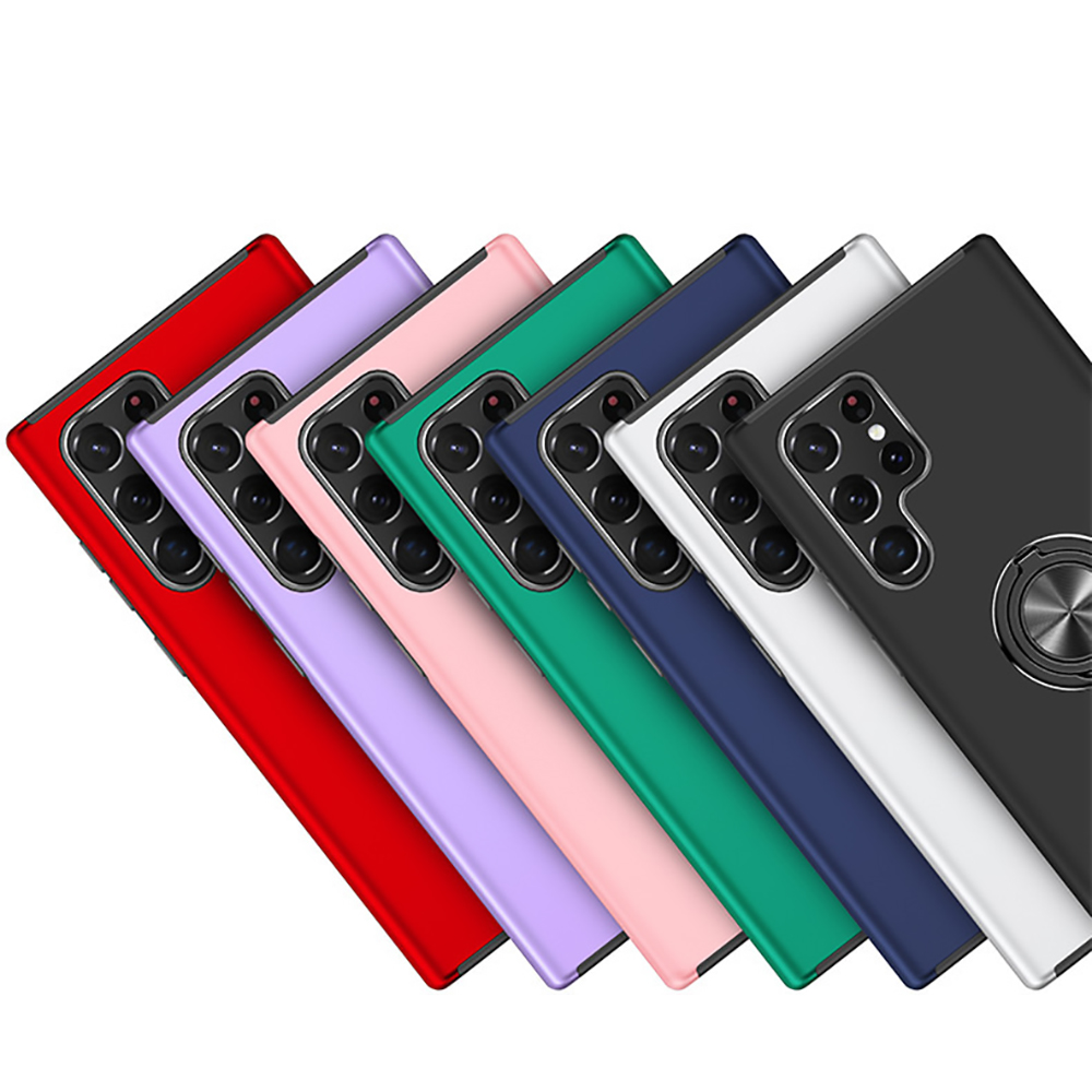 Sieben farbige Telefonhüllen diagonal angeordnet. Farben sind Rot, Lila, Rosa, Grün, Blau, Weiß und Schwarz. Jede hat eine Kamera.