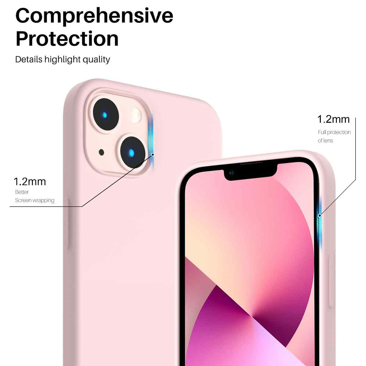 Eine rosa Handyhülle mit einem Telefon darin. Die Hülle hat einen Kameraausschnitt. Text beschreibt Funktionen und Schutz.