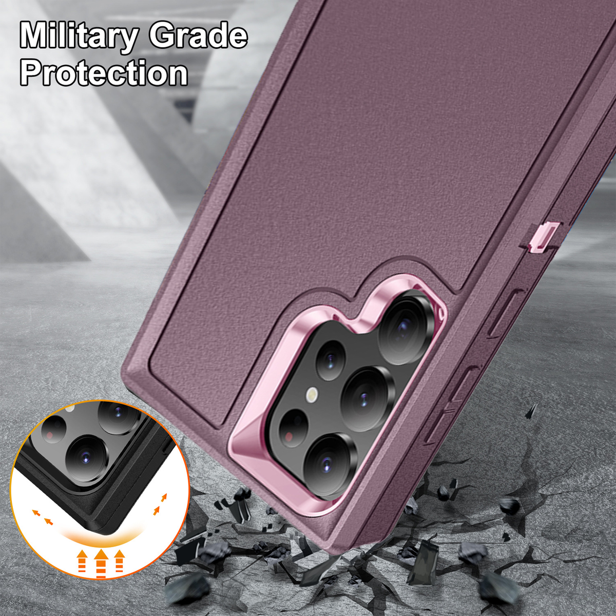 Eine Handyhülle wird gezeigt, abgewinkelt, mit dem Text 'Military Grade Protection'. Die Hülle ist lila, mit einem Kamerateil. Trümmer umgeben die Hülle.