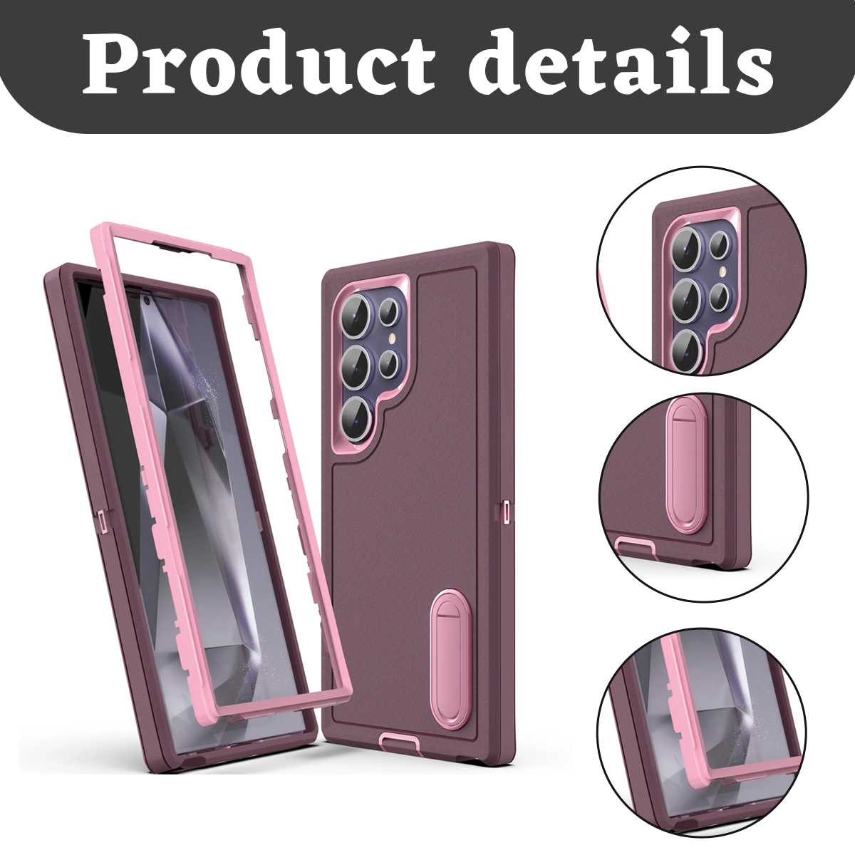 Produkt-Detailbild. Telefonhülle in Weinrot und Pink, mit Rahmen und Ständer. Nahaufnahmen zeigen Kamera, Ständer und Rahmendetails.