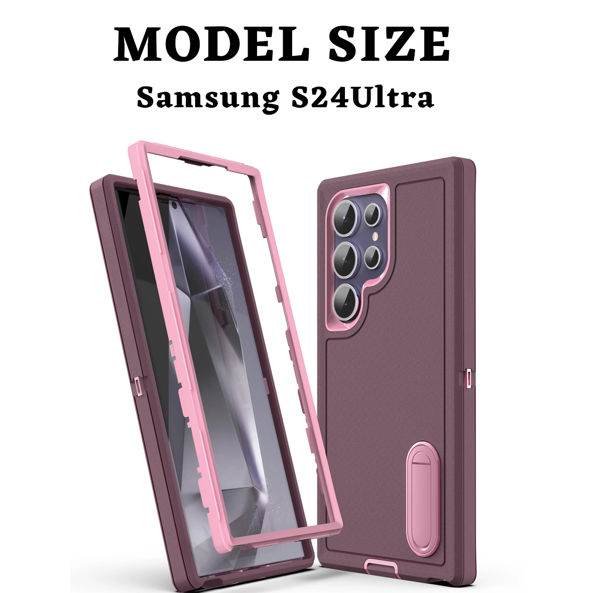 Das Bild zeigt Handyhüllen für Samsung S24 Ultra. Eine Hülle ist offen und zeigt einen rosa Rahmen. Die andere ist geschlossen, mit sichtbaren Kameralöchern.