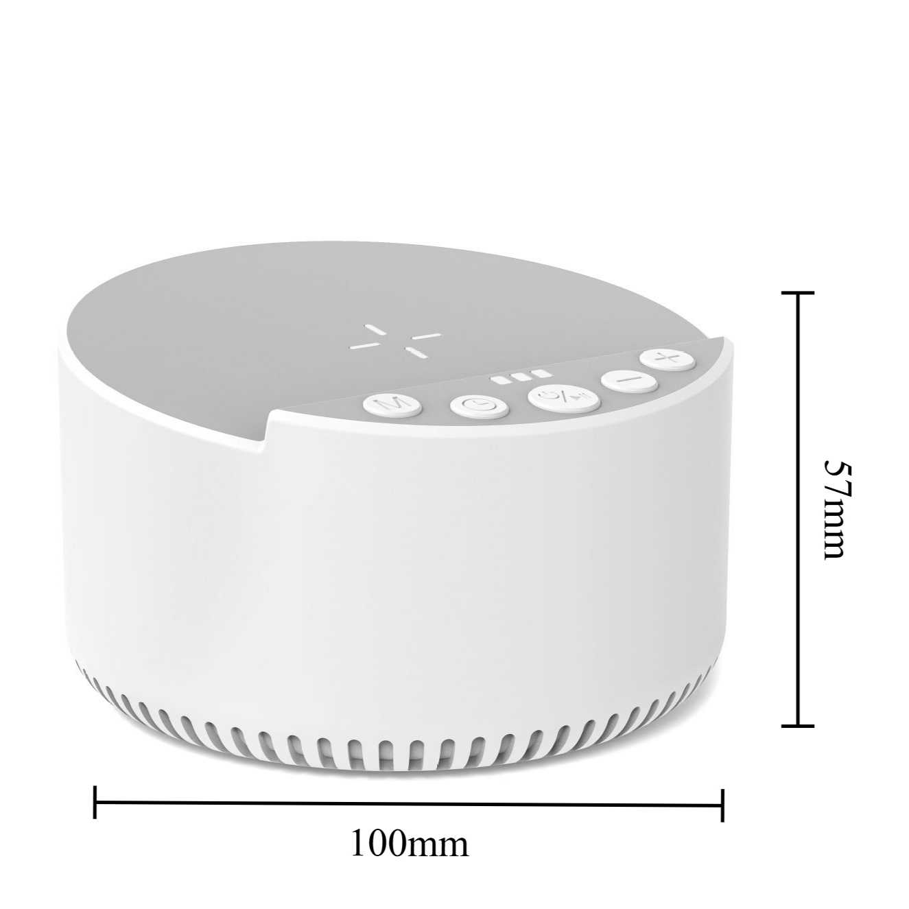 Weiß-graue Geräuschmaschine. Sie hat Knöpfe oben und Luftschlitze unten. Abmessungen sind 100 mm x 57 mm.