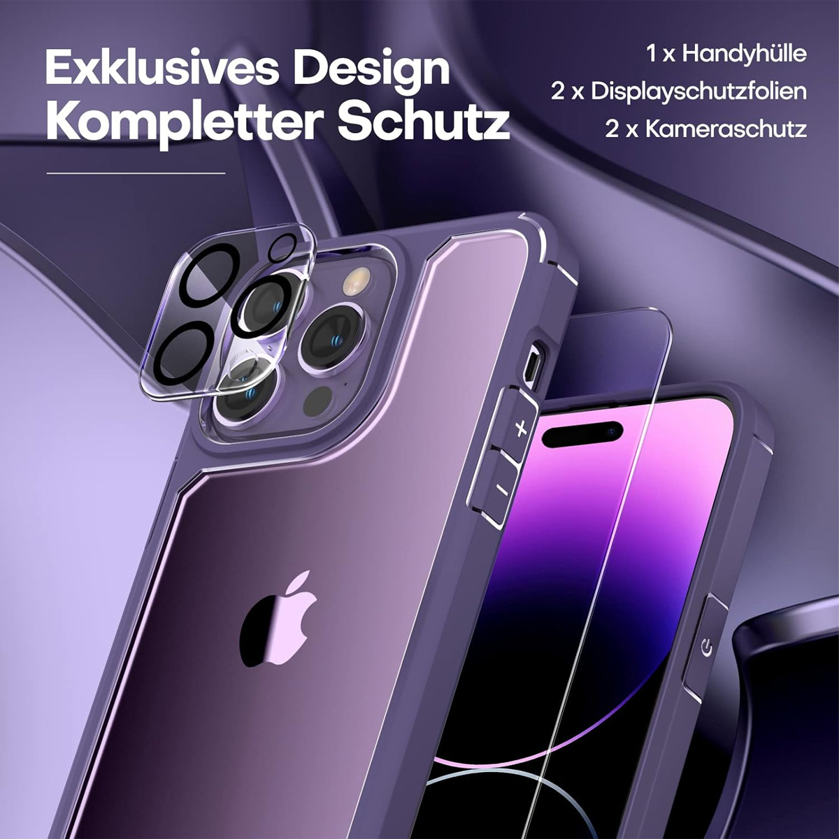 Eine lila Handyhülle mit Displayschutz und Kameraschutz. Das Telefon zeigt das Apple-Logo. Text: Exklusives Design.
