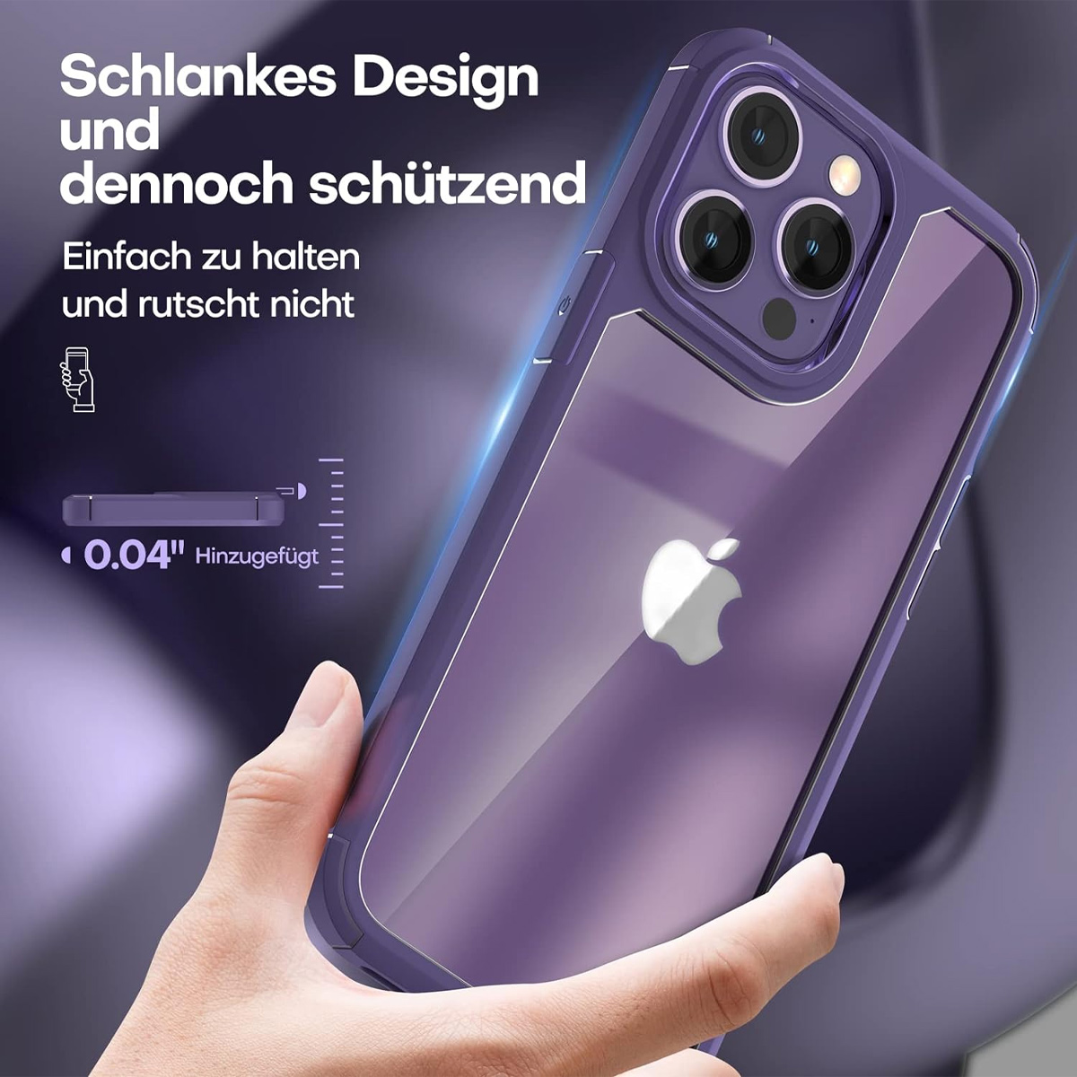 Hand hält eine lila iPhone-Hülle. Die Hülle hat eine klare Rückseite mit Apple-Logo. Deutscher Text wirbt für schlankes Design und Schutz.
