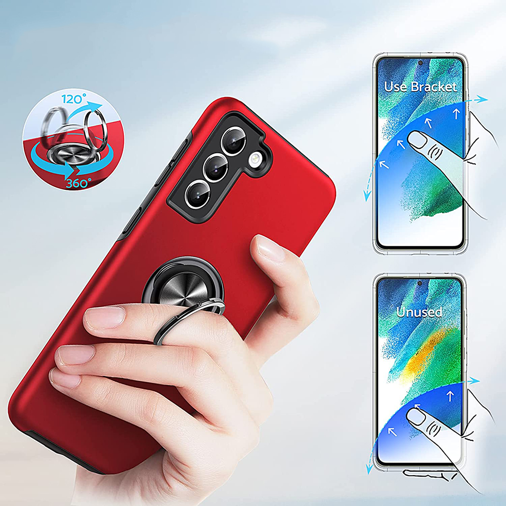 Eine rote Handyhülle mit Ringhalter wird von einer Hand gehalten. Anweisungen zeigen die Telefonnutzung mit Halterung und ungenutzten Optionen.