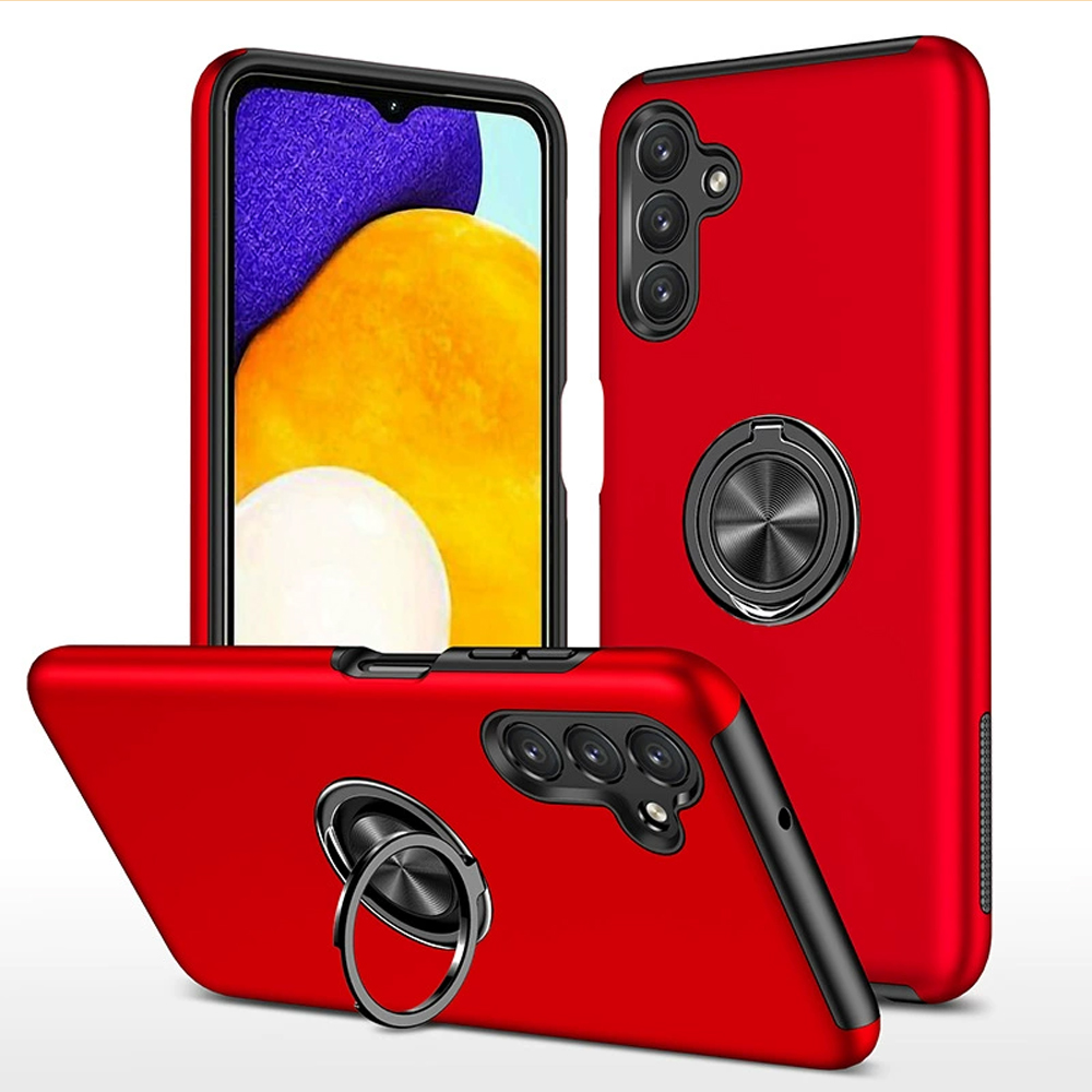 Drei rote Handyhüllen mit Ringhaltern. Eine Hülle zeigt ein farbenfrohes Display. Alle haben Kameraausschnitte.