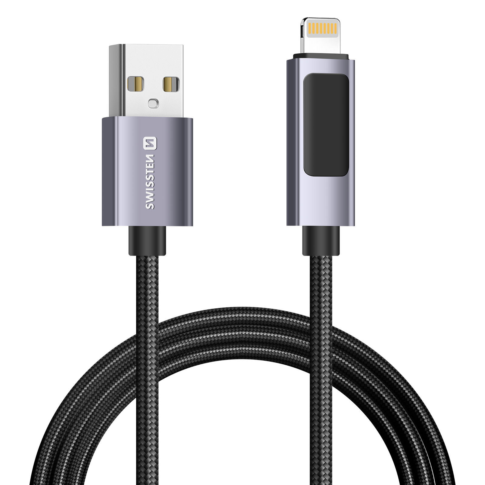 Ein USB-zu-Lightning-Kabel mit einem geflochtenen schwarzen Kabel. Die Stecker sind silber und grau. Der Markenname ist sichtbar.