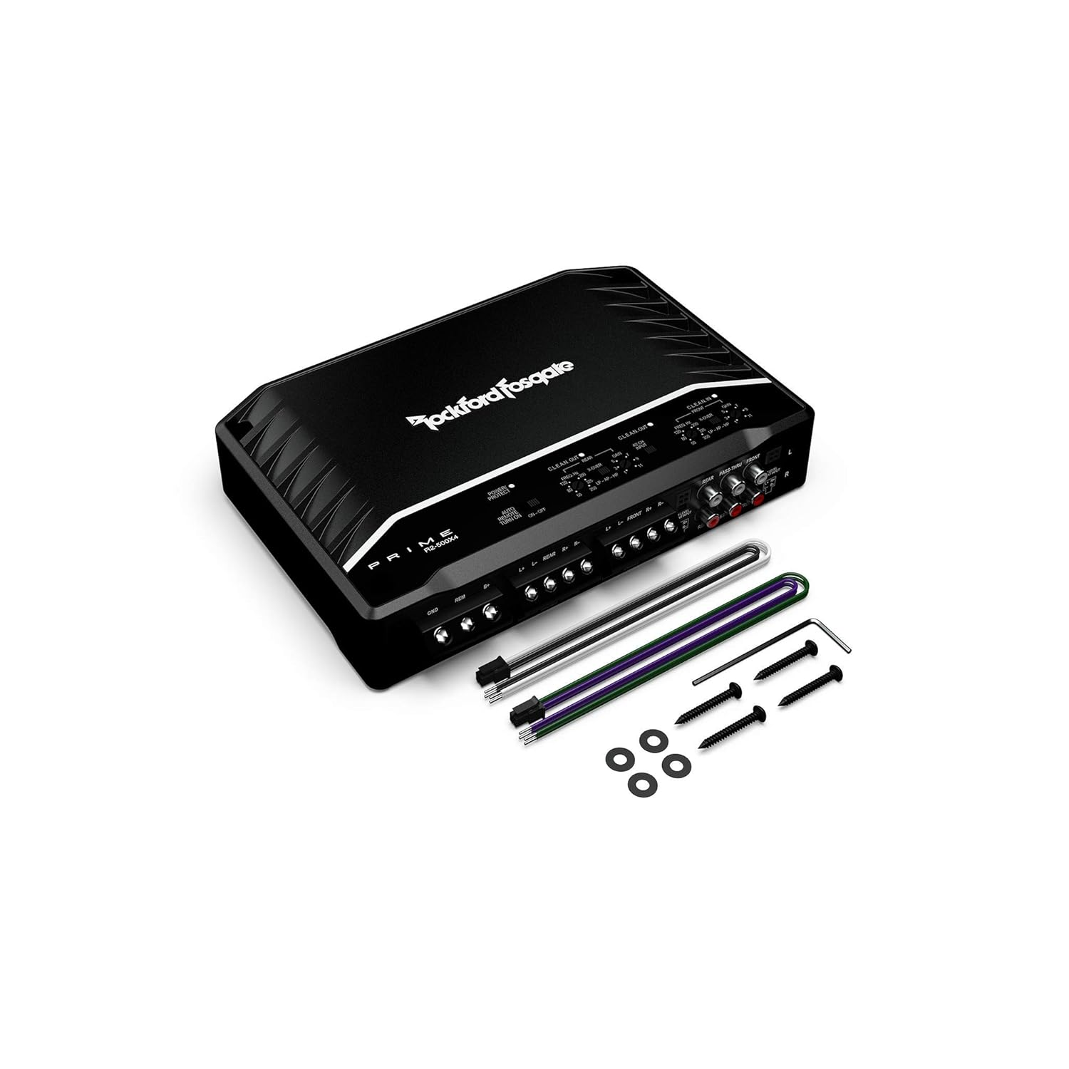 Ein schwarzer Rockford Fosgate-Auto-Verstärker mit Zubehör wie Schrauben und Kabelbaum auf weißer Oberfläche.
