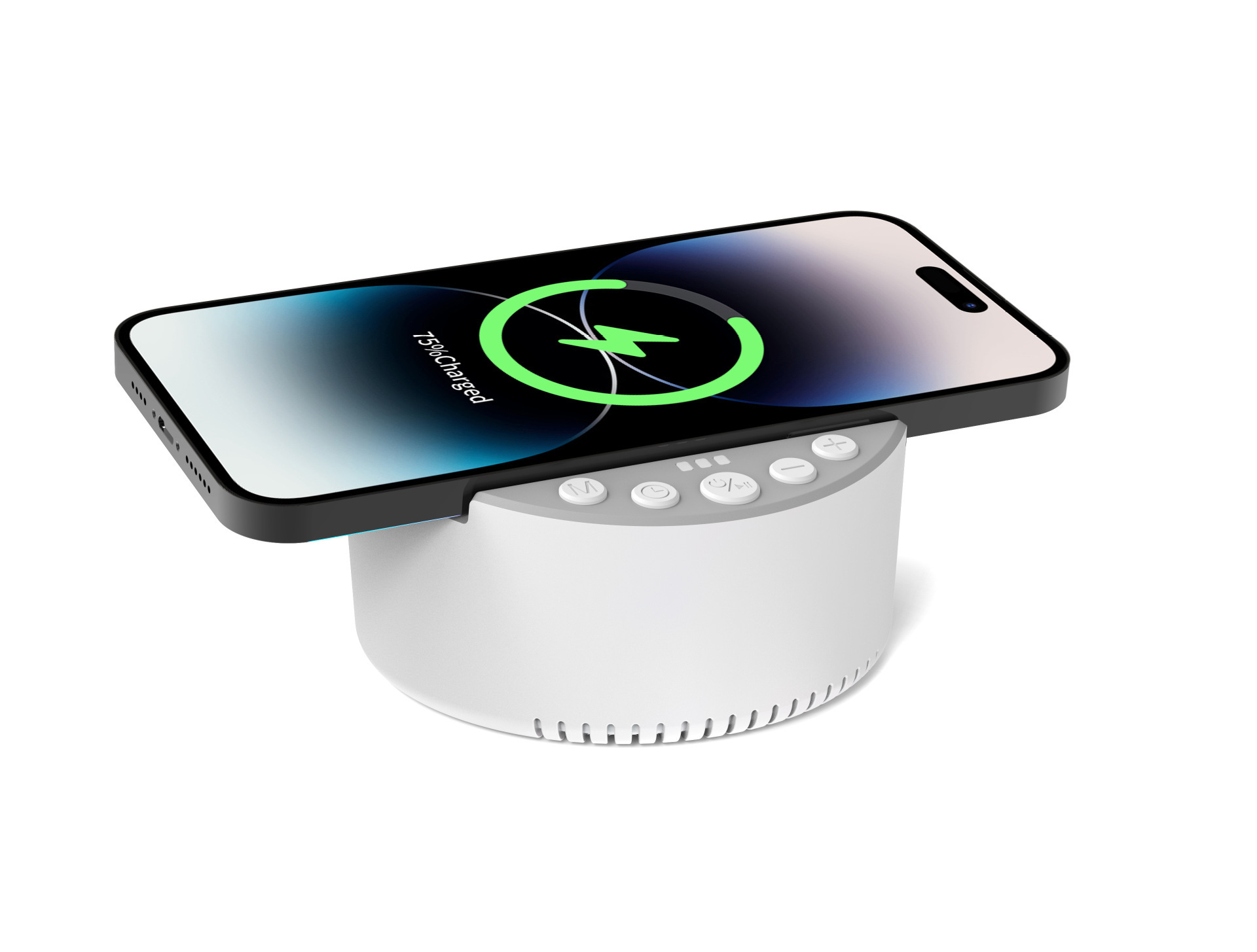 Ein Telefon, das drahtlos auf einem weißen Gerät geladen wird. Der Bildschirm des Telefons zeigt ein Ladesymbol. Es ist zu 75 % geladen.