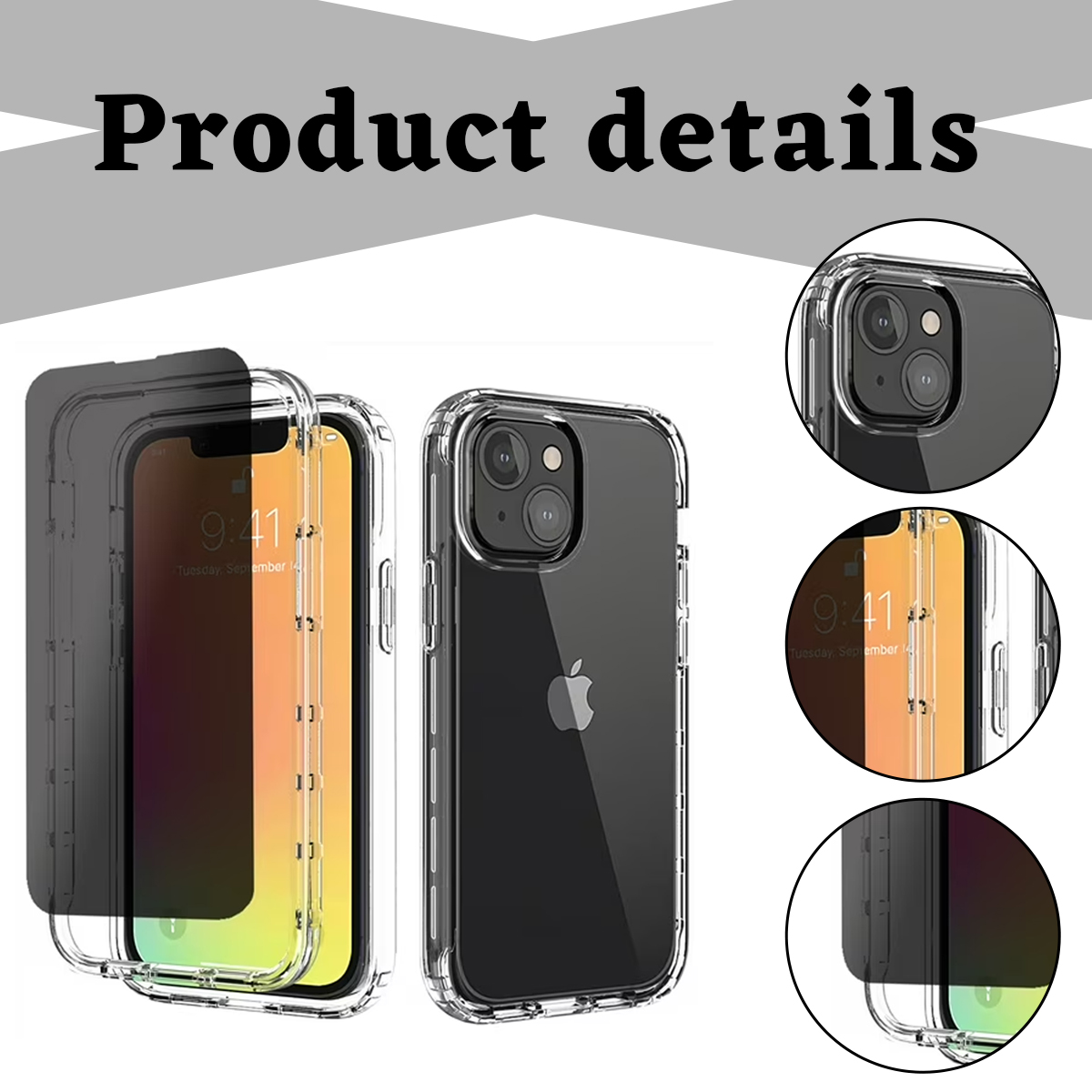 Das Bild zeigt ein iPhone mit Displayschutzfolie und Hülle. Detailbilder zeigen die Kamera, den Bildschirm und das Design des Telefons.
