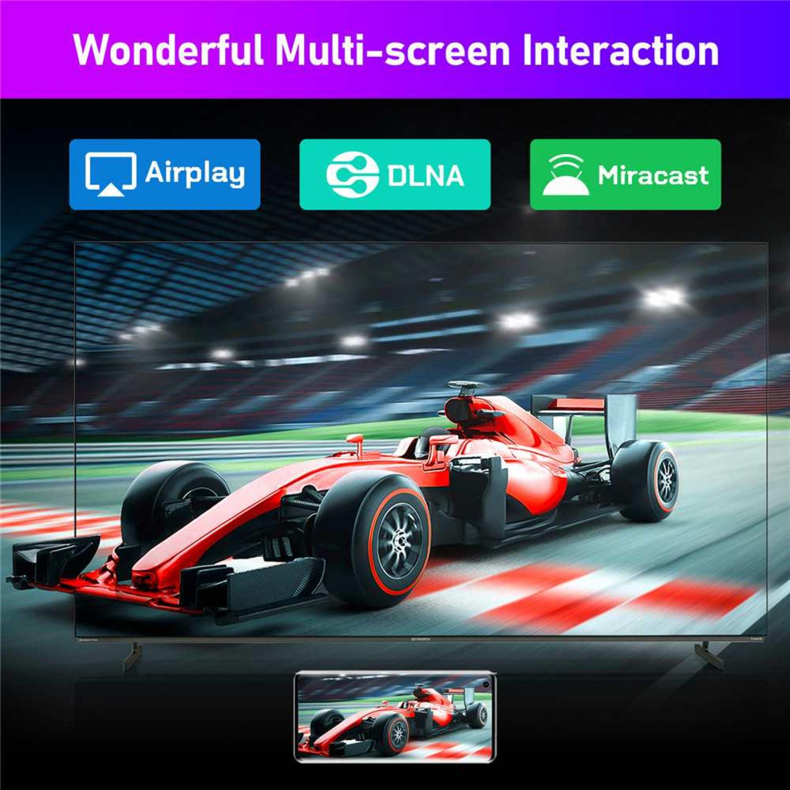 Ein Fernseher zeigt ein Rennauto mit Airplay-, DLNA- und Miracast-Symbolen. Ein Telefon zeigt dasselbe Auto.