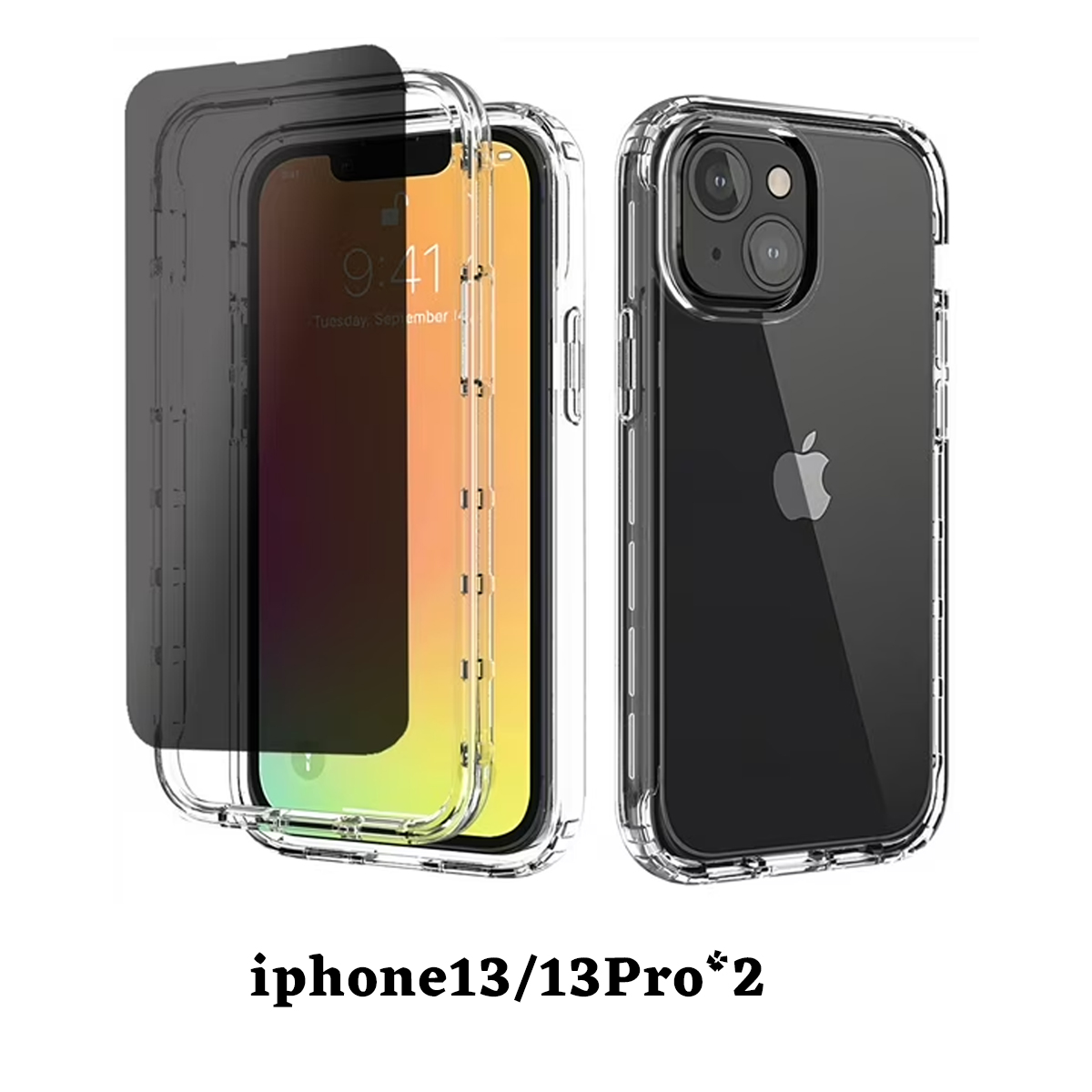 Transparente iPhone-Hüllen mit Displayschutzfolie. Die Hüllen liegen auf einer weißen Oberfläche. Das Telefon zeigt die Zeit 9:41 an.