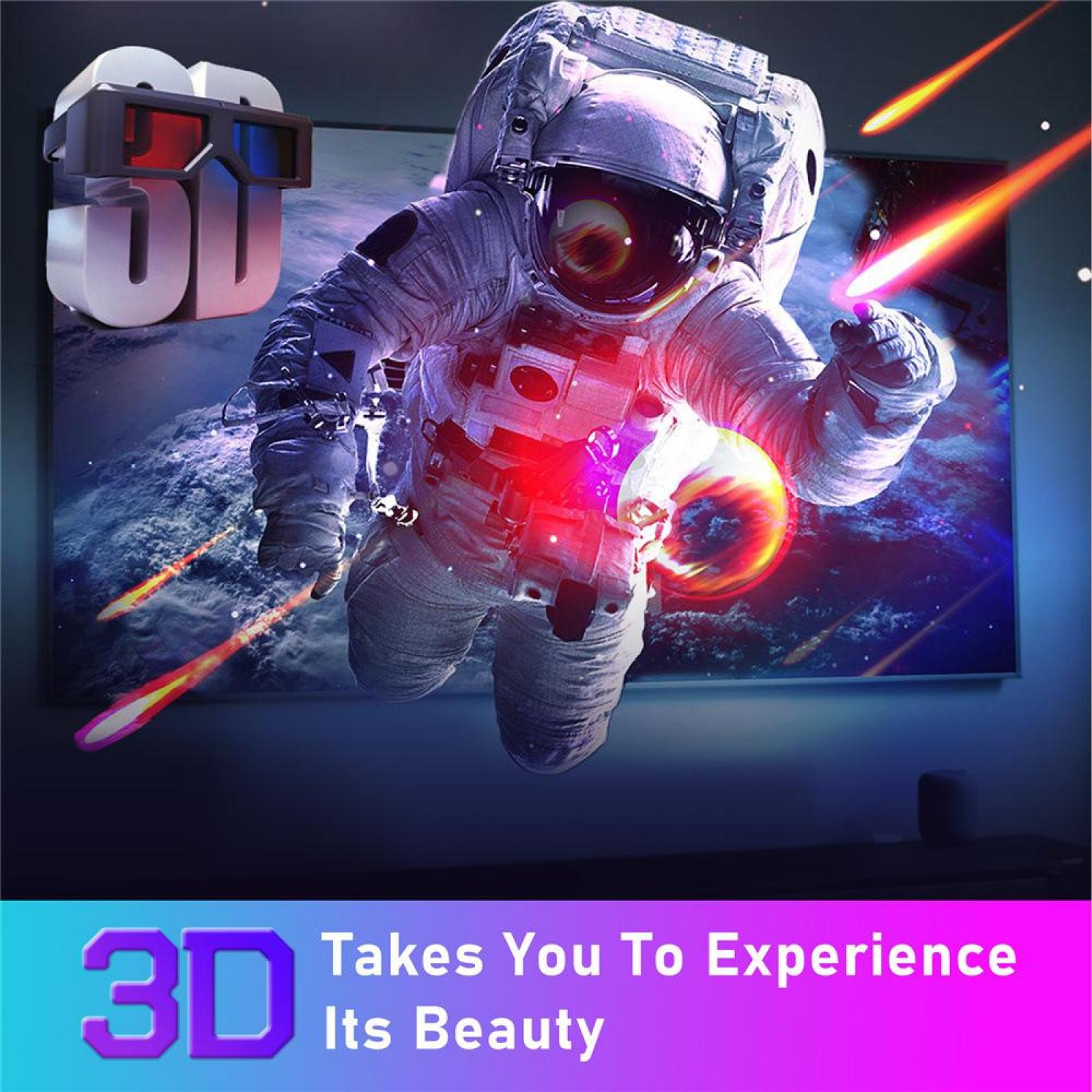 Astronaut im Weltraum mit Meteoriten und einem 3D-Effekt-Logo. Das Bild wirbt für ein immersives Seherlebnis.