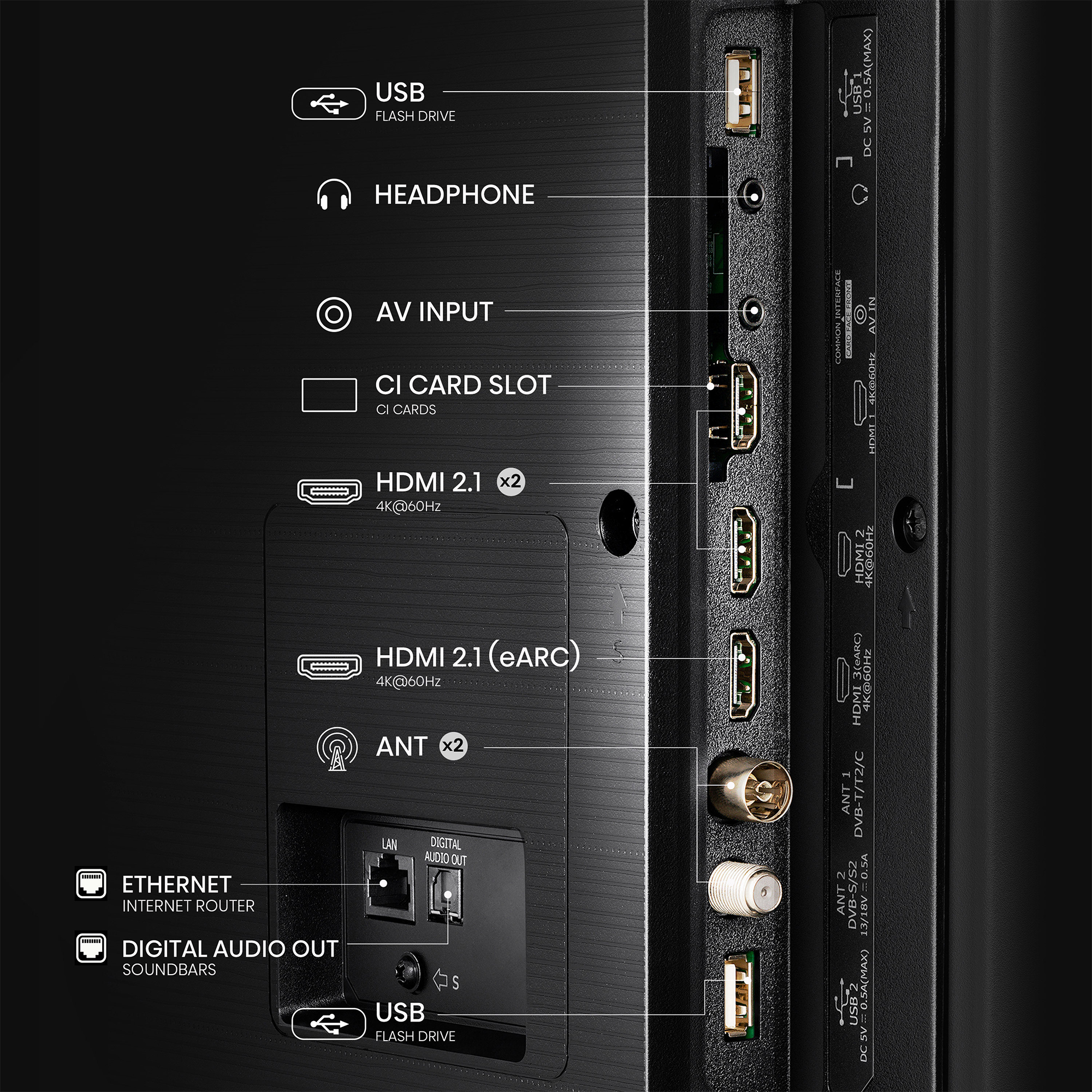 Tylny panel TV z portami: USB, HDMI, Ethernet, wyjściem audio i wejściami antenowymi. Etykiety.