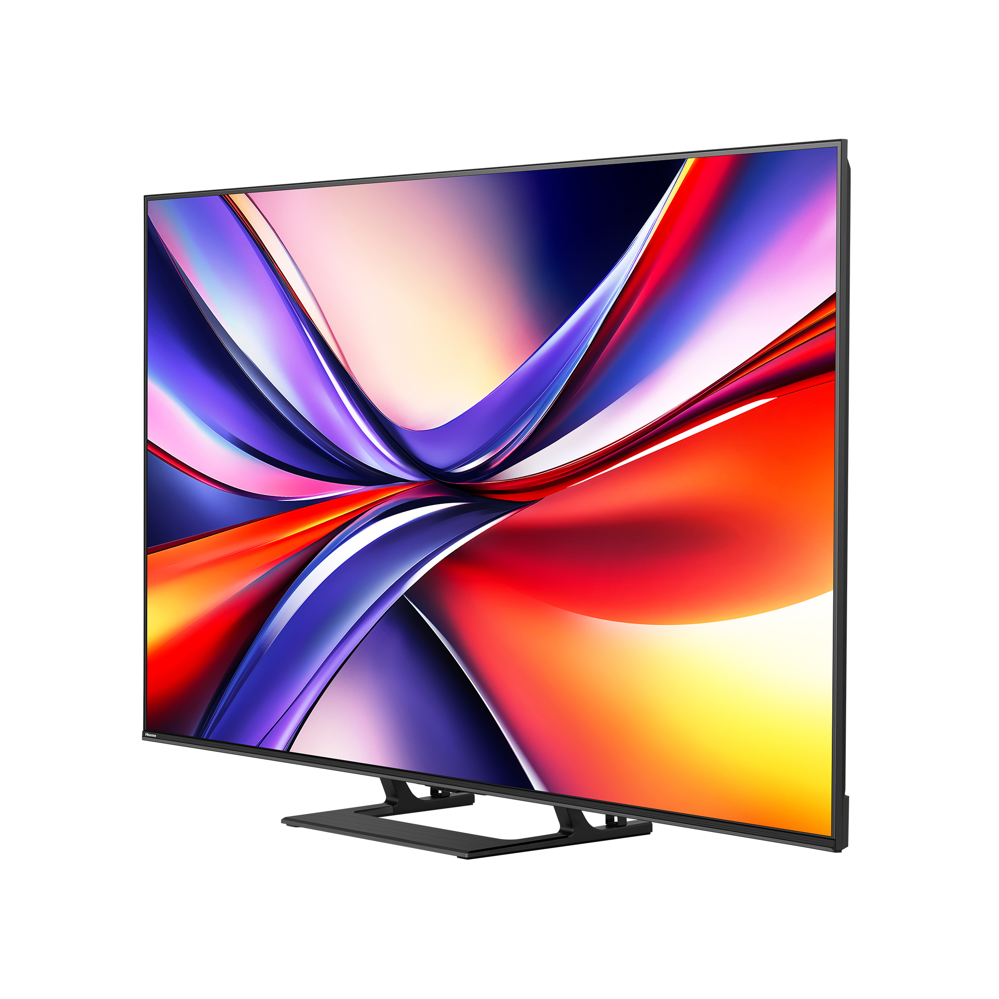 Telewizor z płaskim ekranem na białym tle. Ekran wyświetla kolorowy abstrakcyjny wzór z czerwonym, fioletowym i żółtym.