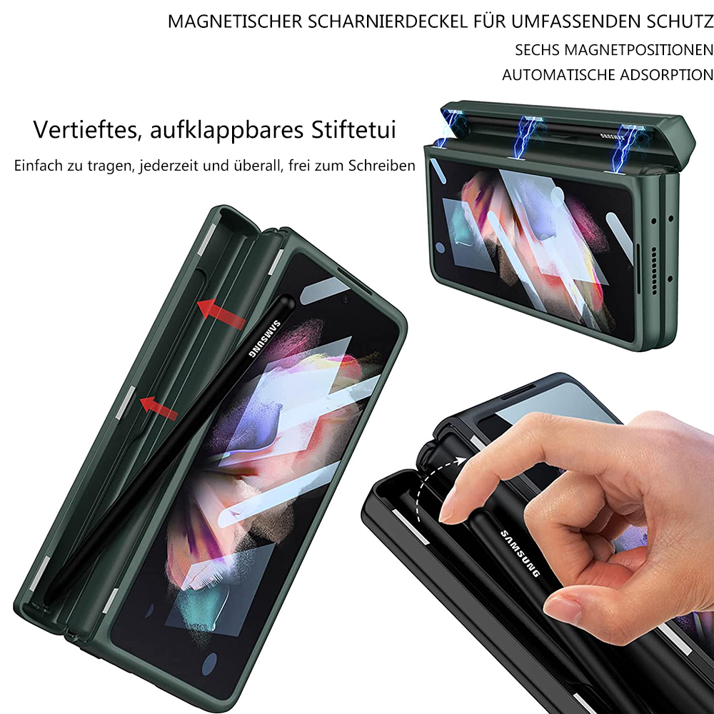 Eine Handyhülle mit Stift. Die Hülle ist dunkelgrün, der Stift schwarz. Es gibt auch Nahaufnahmen von Hülle und Stift.