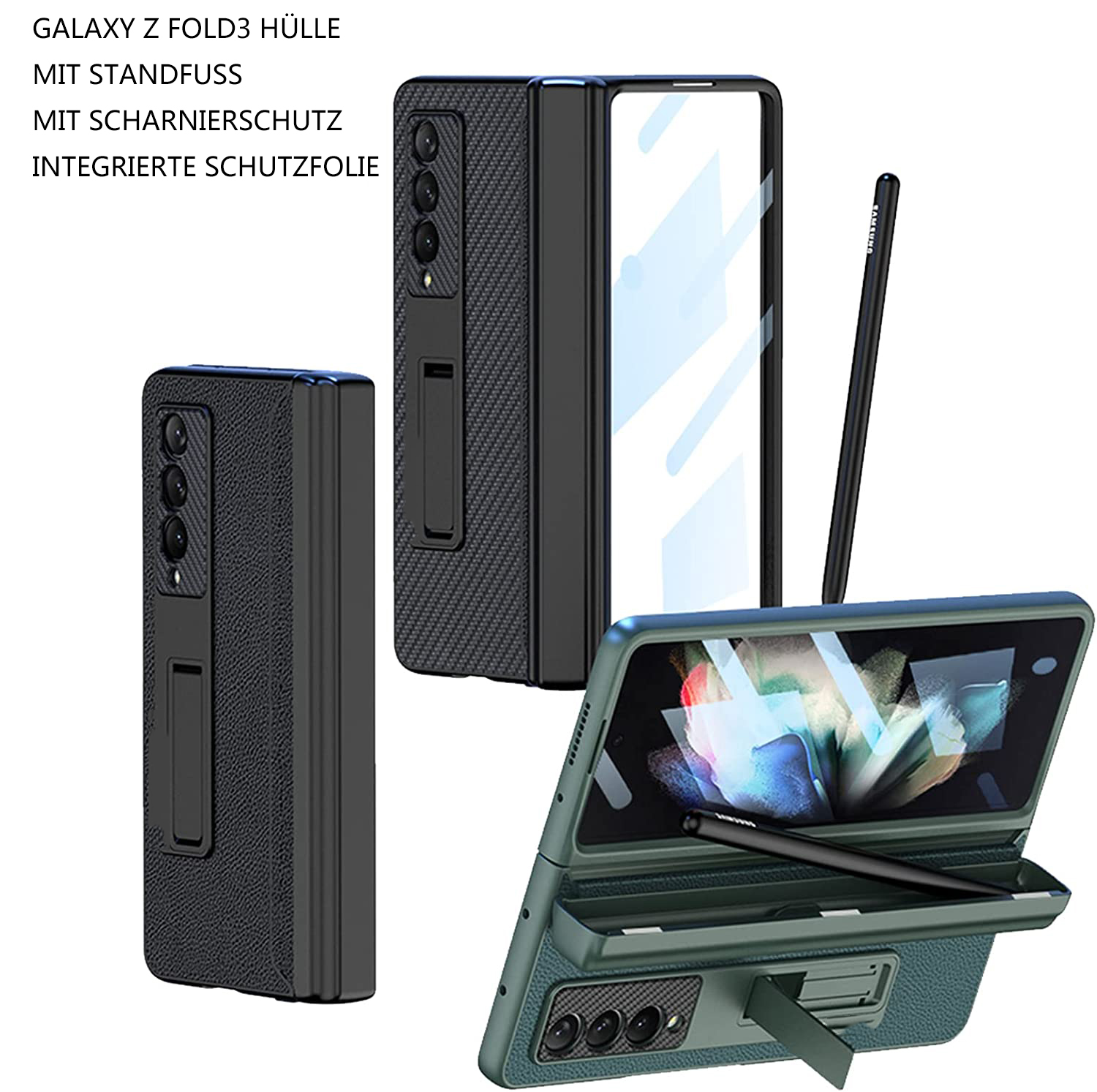Drei Galaxy Z Fold3-Hüllen mit Ständer, Scharnierschutz und integrierter Displayschutzfolie, mit einem Stift.