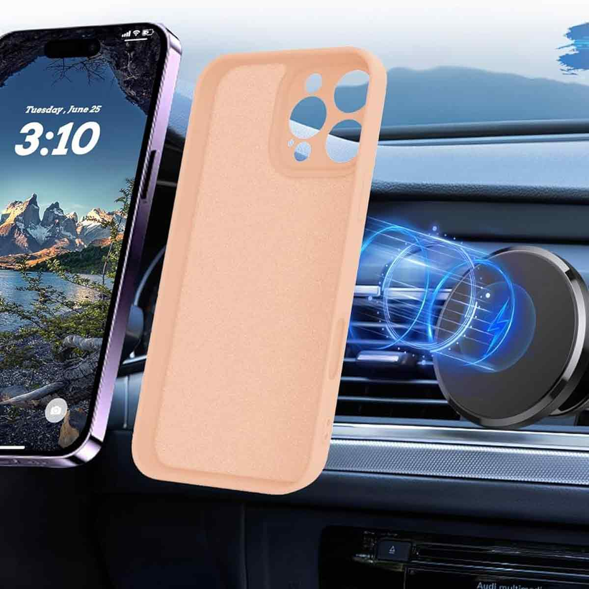 Telefon mit Hülle, im Auto montiert. Das Telefon zeigt Uhrzeit und Landschaft. Magnetische Halterung.