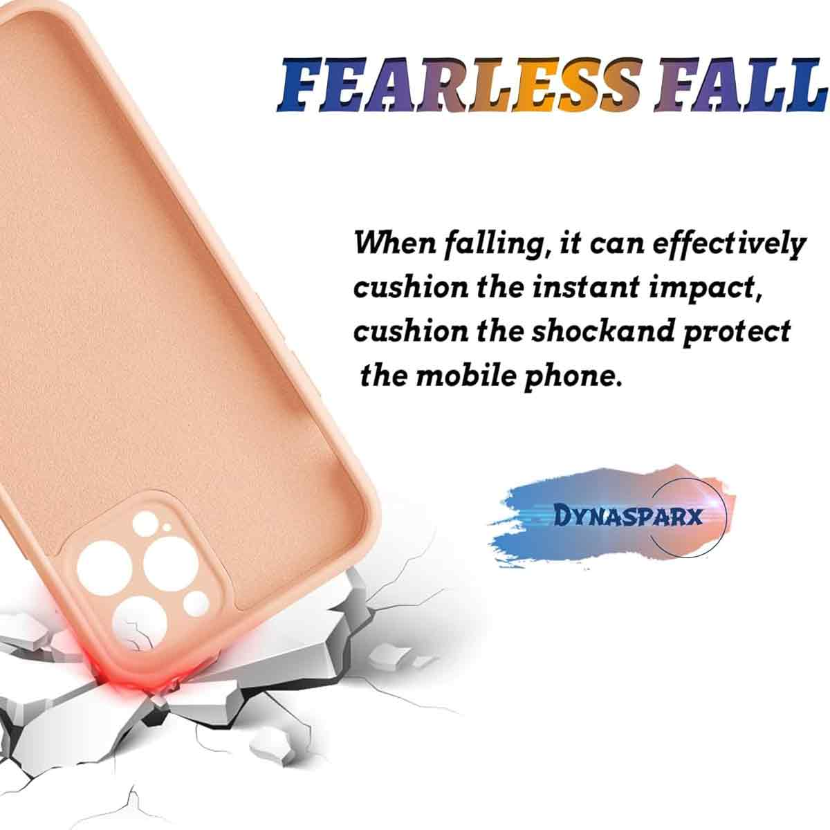 Eine Handyhülle fällt auf eine Oberfläche, Text lautet 'FEARLESS FALL'. Es schützt das Telefon vor Stößen. Die Marke ist DYNASPARX.