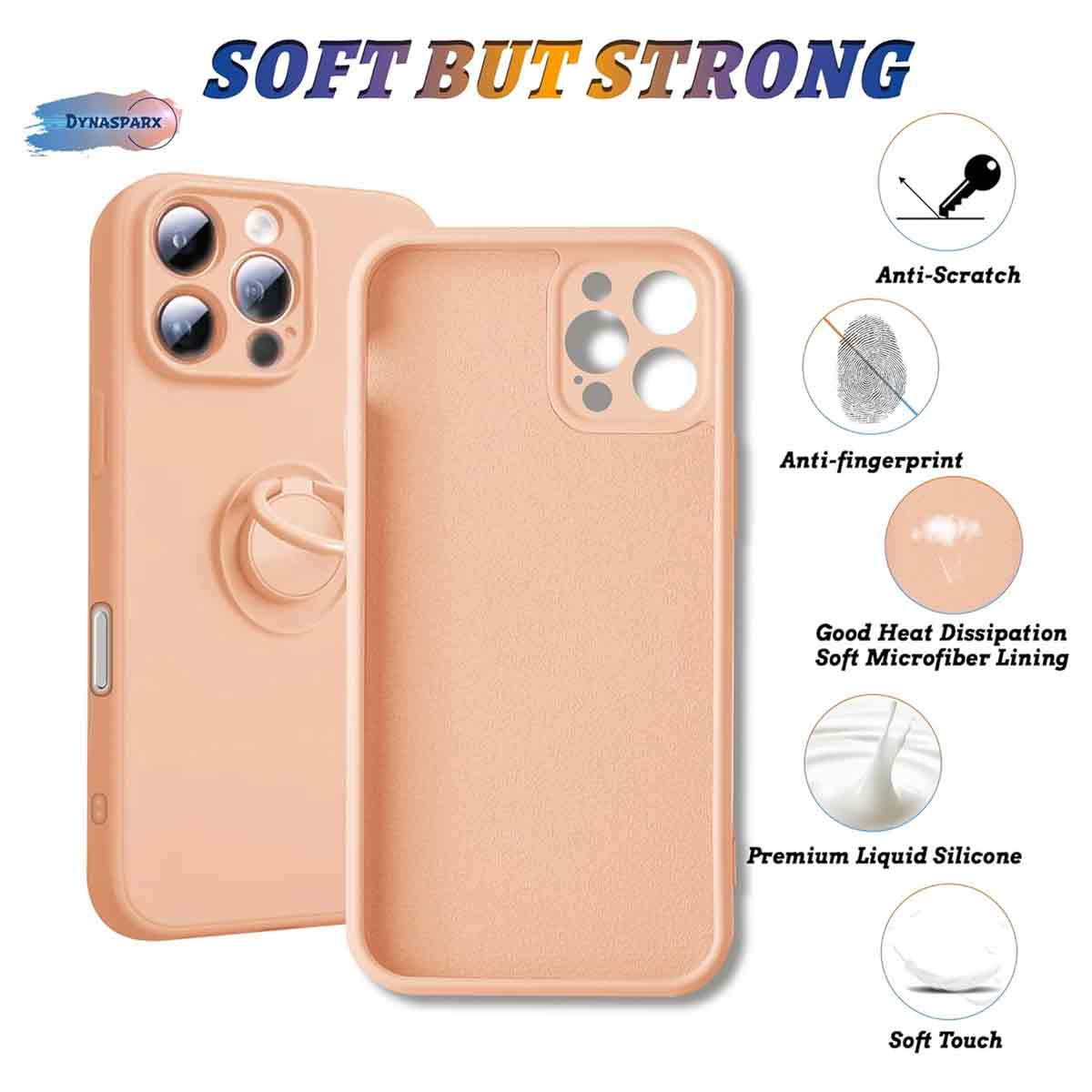 Pfirsichfarbene Handyhüllen mit Funktionen wie Kratzschutz, Anti-Fingerabdruck und Soft-Touch werden gezeigt. Text 'Soft But Strong' ist sichtbar.