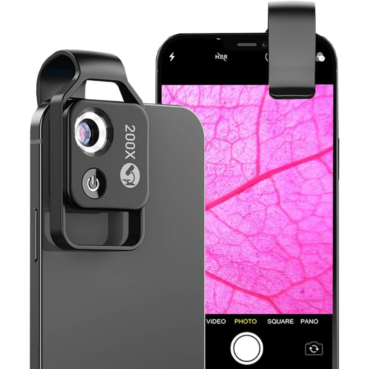 Ein Telefon mit einer Clip-On-Makrolinse zeigt ein rosa Blatt. Die Linse ist schwarz, mit einem Knopf und 200X.