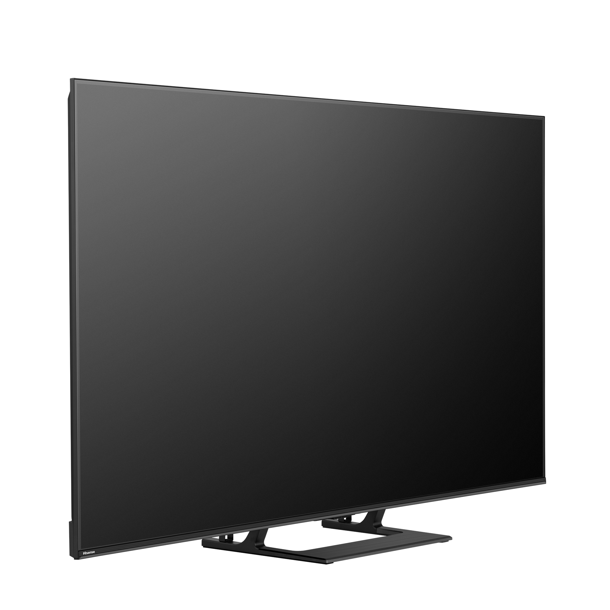 Duży, czarny telewizor Hisense na białym tle. Telewizor ma podstawę. Ekran jest czarny.